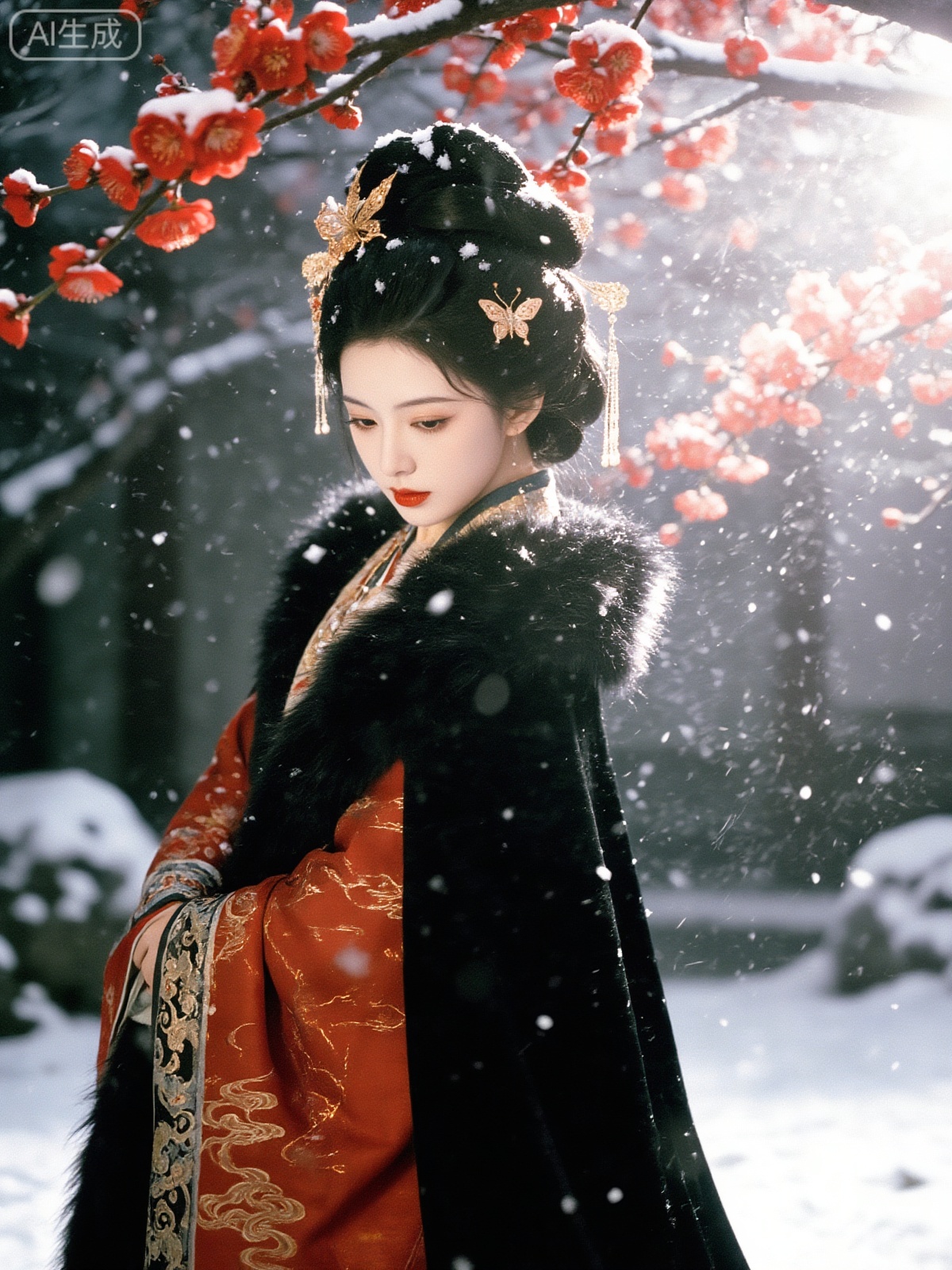 A breathtakingly beautiful ancient Chinese woman in a magnificent Tang Dynasty court attire, primarily in red and black, paired with a luxurious black fox fur-lined cape. The robe is embroidered with golden cloud patterns. Her hair is styled in an elaborate, high bun adorned with golden butterfly hairpins, tasseled hair ornaments, and delicate snowflakes resting on top. She stands beneath a blooming red plum blossom tree in a snowstorm, with a snow-covered landscape in the background. Her eyes are slightly downcast, conveying a sense of cold serenity and melancholy. Her makeup is exquisite, with striking red lips and fair skin. The overall image captures the opulence of the Tang Dynasty and the poetry of winter. Medium format film photography style, with backlighting creating a dreamy Tyndall effect, rich colors, and intricate details. 3:4 aspect ratio, 8K ultra-high definition.