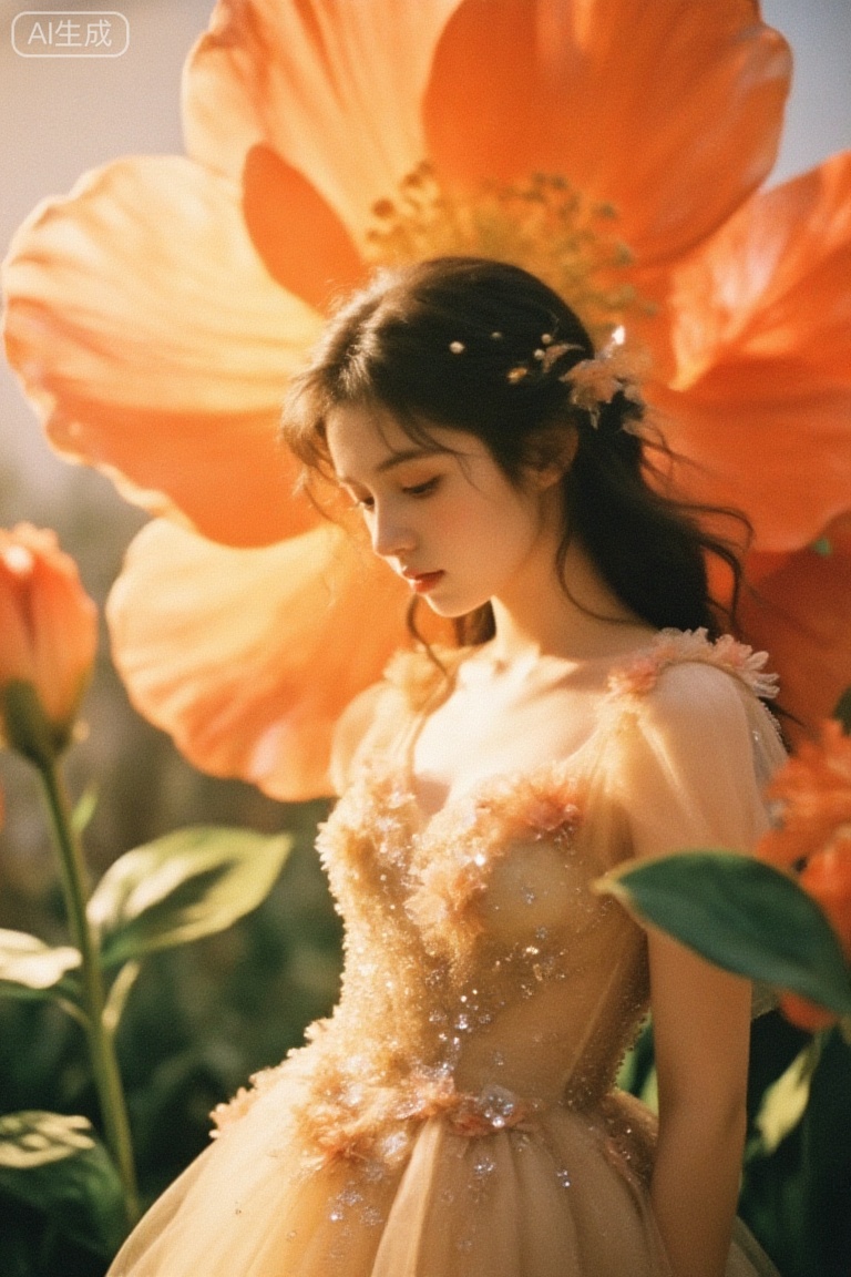Fresh film style, a girl with naturally falling dark hair, gently surrounded by giant warm orange flowers and green leaves. She wears a light beige tulle gown adorned with delicate sparkling crystals and three-dimensional floral decorations. The background features soft, warm golden natural light, creating a warm and dreamy atmosphere, as if she were a flower elf blooming in spring, with the entire image exuding a healing and poetic romance.