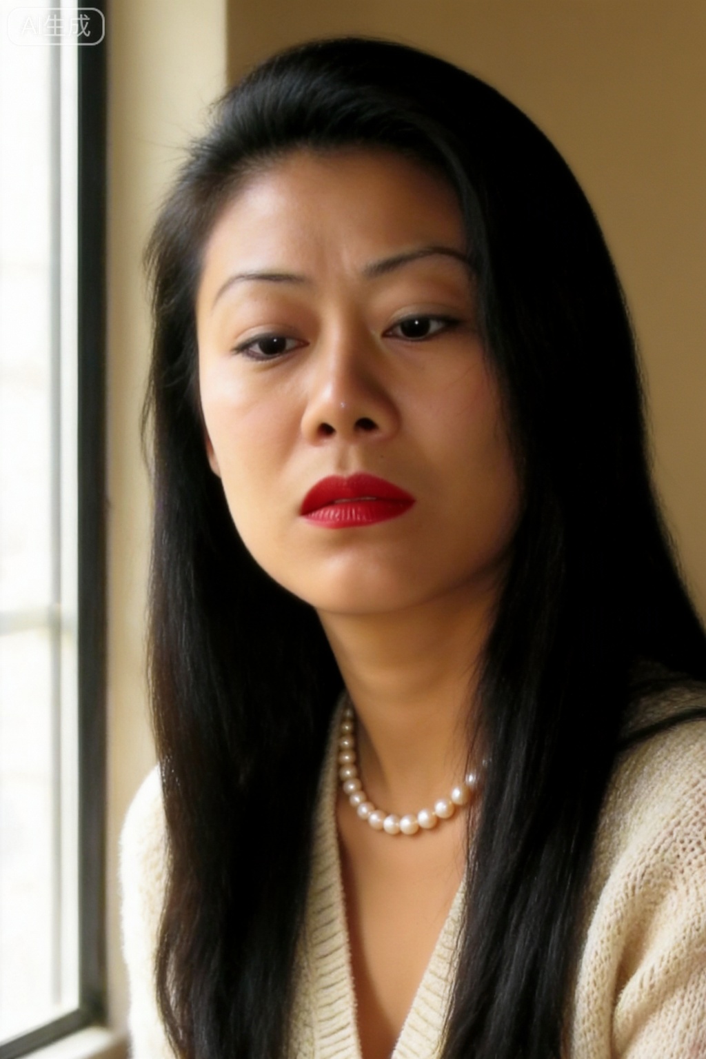 Close-up of Hong Kong style retro portrait, elegant woman, face to chest composition, long straight black hair, retro makeup, bright red lips, wearing a pearl necklace, wearing a light-colored knitted cardigan, natural light comes in from the window, the background is soft beige, the character's eyes are melancholy looking out the window, literary and artistic temperament, film graininess, soft light and shadow, 32-bit true color, high-quality portrait photography