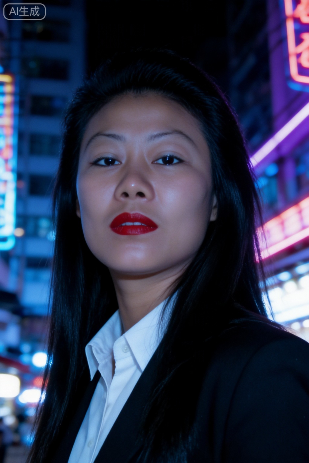 Close-up portrait of Hong Kong style night scene, young woman, face to chest composition, long black straight hair, retro red lip makeup, wearing a white shirt and black suit, neon lighting, the background is blue-purple, the city night scene is blurred, the character's eyes are firmly looking at the camera, Hong Kong street atmosphere in the 1980s, film grain, high contrast, strong film feel, 32-bit true color, high-definition portrait photography"