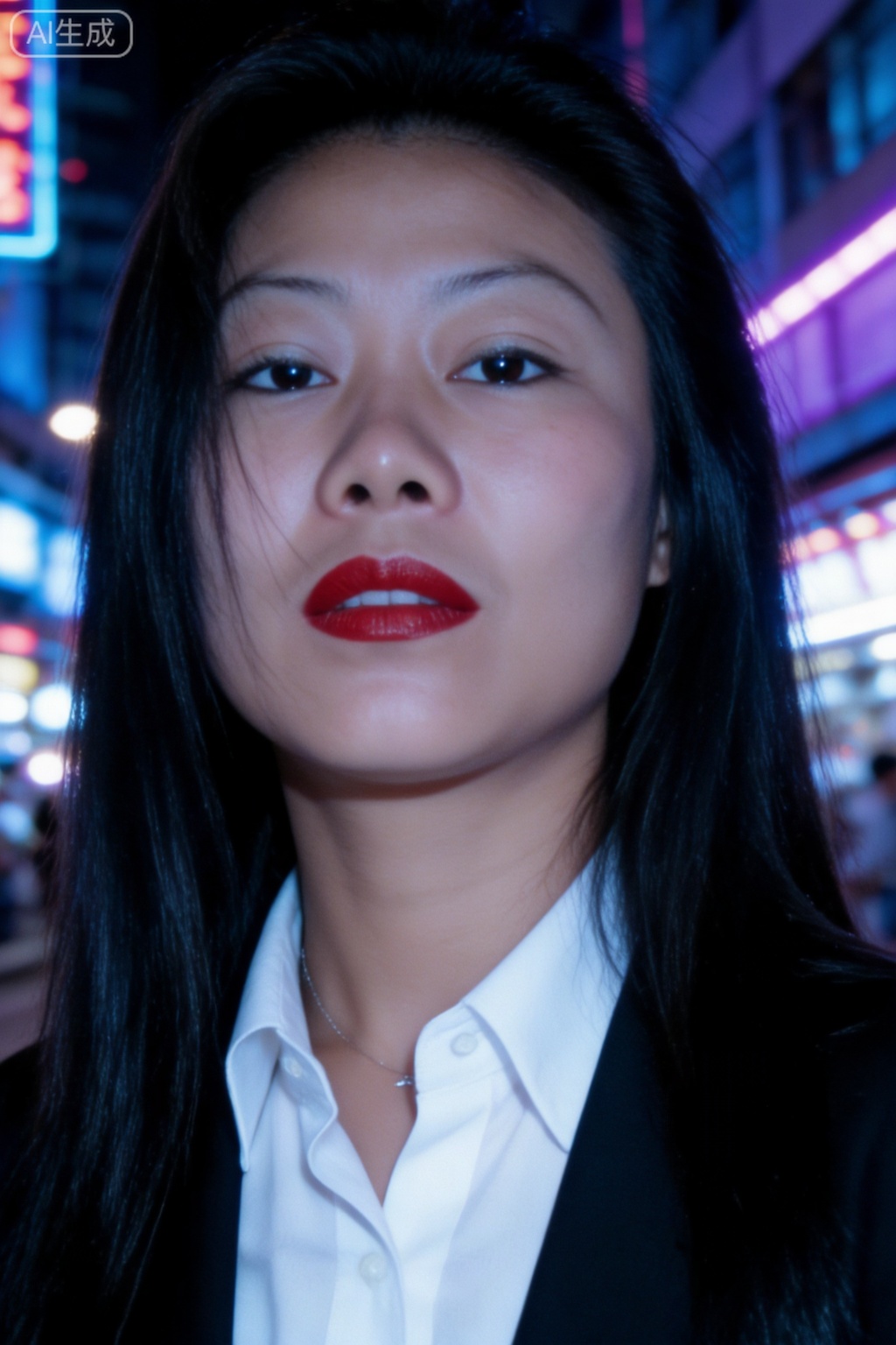 Close-up portrait of Hong Kong style night scene, young woman, face to chest composition, long black straight hair, retro red lip makeup, wearing a white shirt and black suit, neon lighting, the background is blue-purple, the city night scene is blurred, the character's eyes are firmly looking at the camera, Hong Kong street atmosphere in the 1980s, film grain, high contrast, strong film feel, 32-bit true color, high-definition portrait photography"