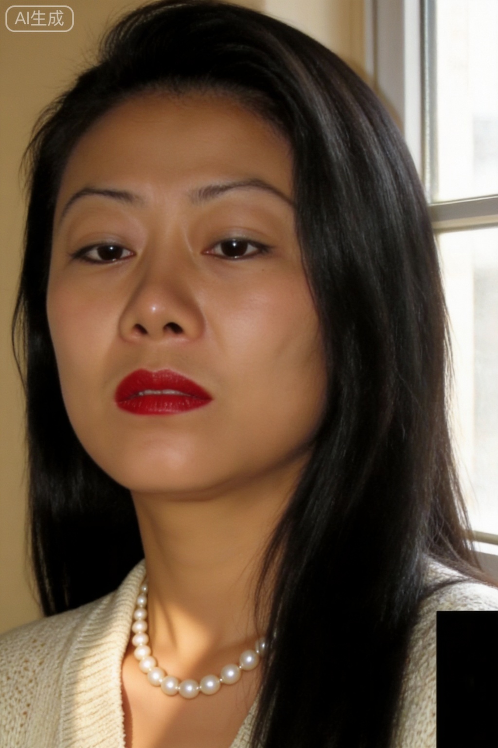 Close-up of Hong Kong style retro portrait, elegant woman, face to chest composition, long straight black hair, retro makeup, bright red lips, wearing a pearl necklace, wearing a light-colored knitted cardigan, natural light comes in from the window, the background is soft beige, the character's eyes are melancholy looking out the window, literary and artistic temperament, film graininess, soft light and shadow, 32-bit true color, high-quality portrait photography