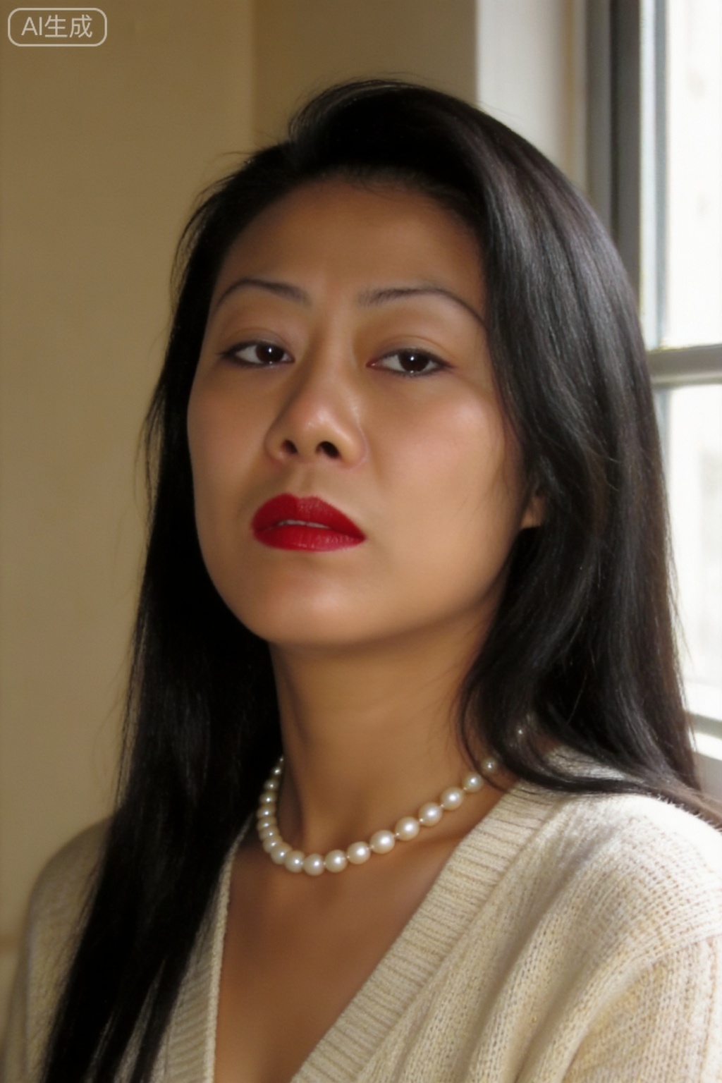 Close-up of Hong Kong style retro portrait, elegant woman, face to chest composition, long straight black hair, retro makeup, bright red lips, wearing a pearl necklace, wearing a light-colored knitted cardigan, natural light comes in from the window, the background is soft beige, the character's eyes are melancholy looking out the window, literary and artistic temperament, film graininess, soft light and shadow, 32-bit true color, high-quality portrait photography