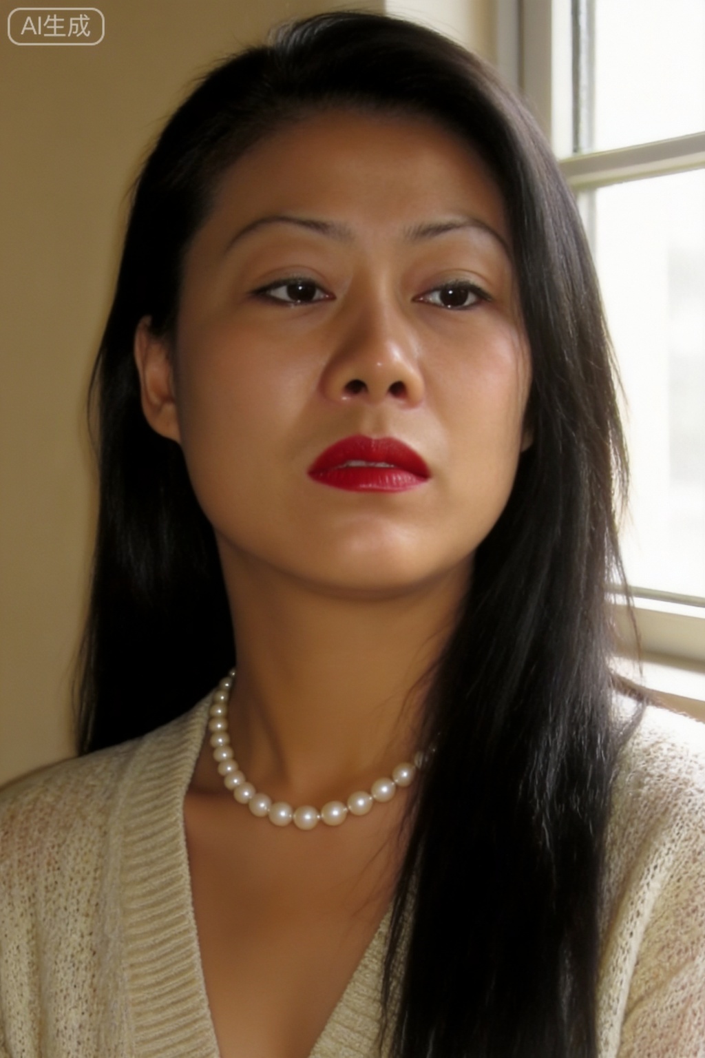 Close-up of Hong Kong style retro portrait, elegant woman, face to chest composition, long straight black hair, retro makeup, bright red lips, wearing a pearl necklace, wearing a light-colored knitted cardigan, natural light comes in from the window, the background is soft beige, the character's eyes are melancholy looking out the window, literary and artistic temperament, film graininess, soft light and shadow, 32-bit true color, high-quality portrait photography