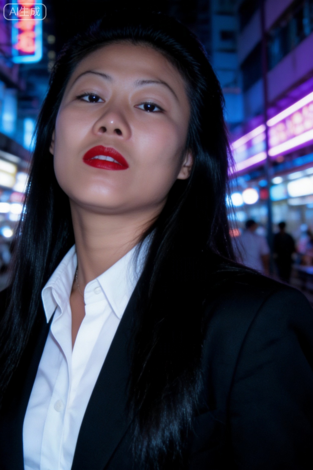 Close-up portrait of Hong Kong style night scene, young woman, face to chest composition, long black straight hair, retro red lip makeup, wearing a white shirt and black suit, neon lighting, the background is blue-purple, the city night scene is blurred, the character's eyes are firmly looking at the camera, Hong Kong street atmosphere in the 1980s, film grain, high contrast, strong film feel, 32-bit true color, high-definition portrait photography"