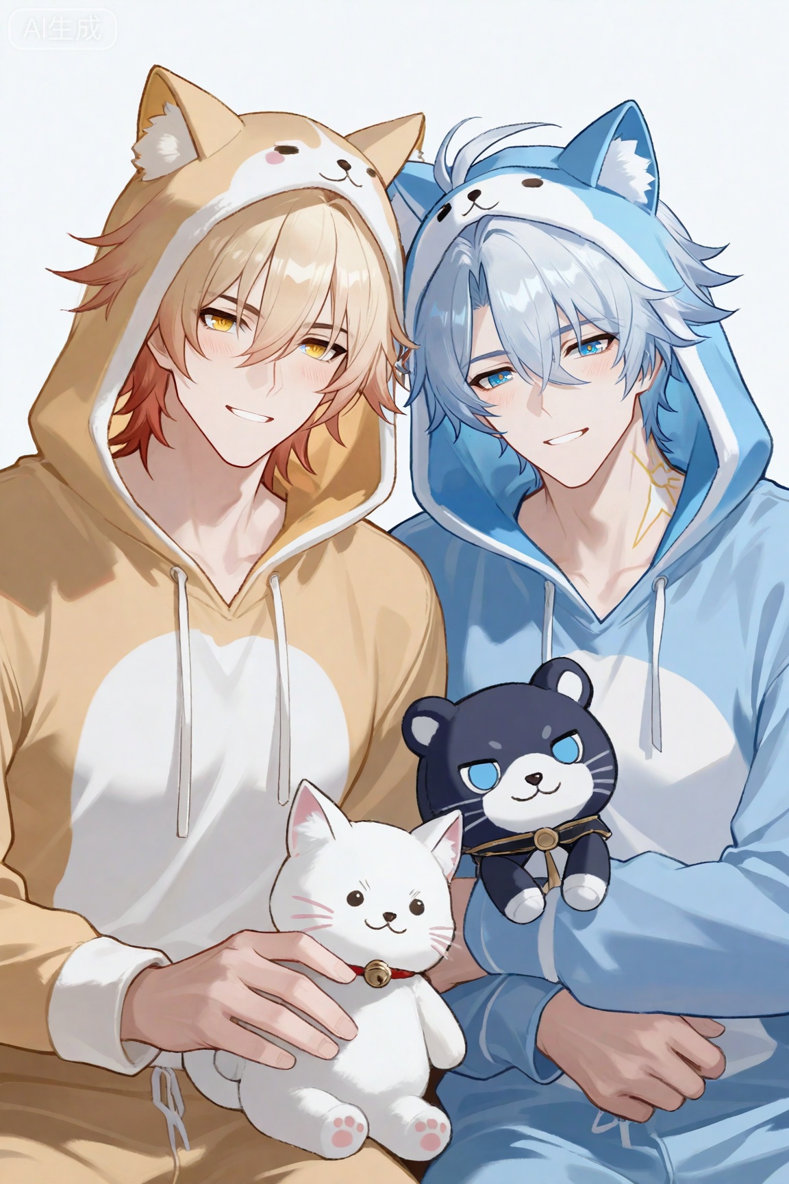 1boy, mydei (honkai: star rail),,yellow eyes,
1boy,phainon (honkai: star rail),blue eyes


xiaozhitiao,,
(masterpiece:1.3), (best quality:1.3), (ultra-detailed:1.2), absurdres, highres, 4k, official art, sharp focus,
((((2boys)))), yaoi, male focus, (muscular male:1.3), (bara:1.2), (toned male:1.1), collarbone,
(side-by-side:1.3), (sitting on a bed:1.2), (couple:1.4), (loving atmosphere:1.3),


(wearing matching animal kigurumi pajamas:1.4), (one wearing white cat hoodie, one wearing black bear hoodie:1.2), hood up, animal hood, long sleeves,
(blush:1.4), (happy, loving gaze:1.3), (looking at each other:1.2), smile,
(one holding a stuffed toy:1.2),
simple background, white background, cozy, soft lighting, upper body