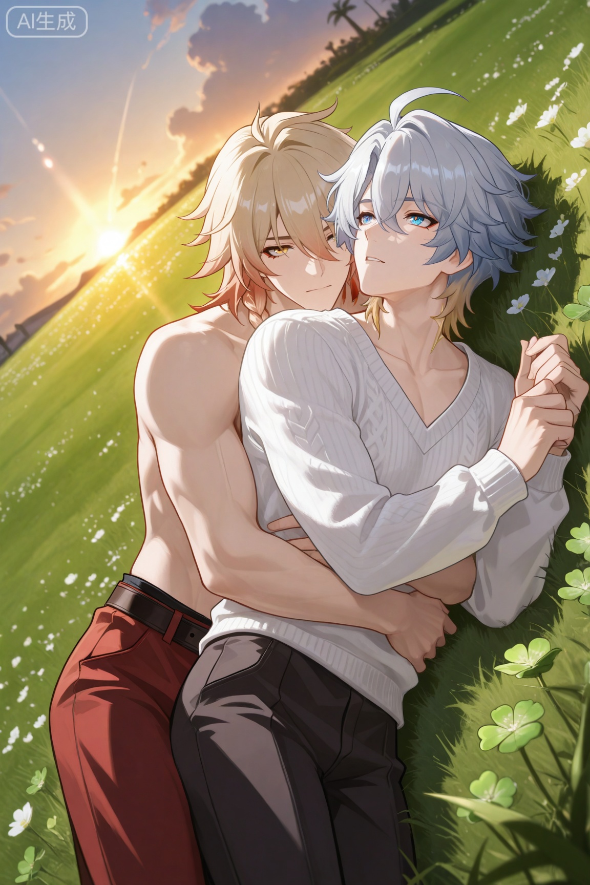1boy, mydei (honkai: star rail),,yellow eyes,blonde hair,red hai,gradient hair,medium hair,hair between eyes,braid,eyeliner
1boy,phainon (honkai: star rail),blue eyes,white hair,short hair,ahoge,


xiaozhitiao,,
(masterpiece:1.3), (best quality:1.3), (ultra-detailed:1.2), absurdres, highres, 4k, official art, sharp focus,
2boys, yaoi, male focus, (toned male:1.2), collarbone,
lying on grass, one boy in front other spooning from behind, arm draped over waist, both looking up at sky, peaceful clouds drifting, warm sunset glow, grass field with clover, casual sweater and pants, cozy couple pose, soft warm light, depth of field, masterpiece, best quality, absurdres, highres
