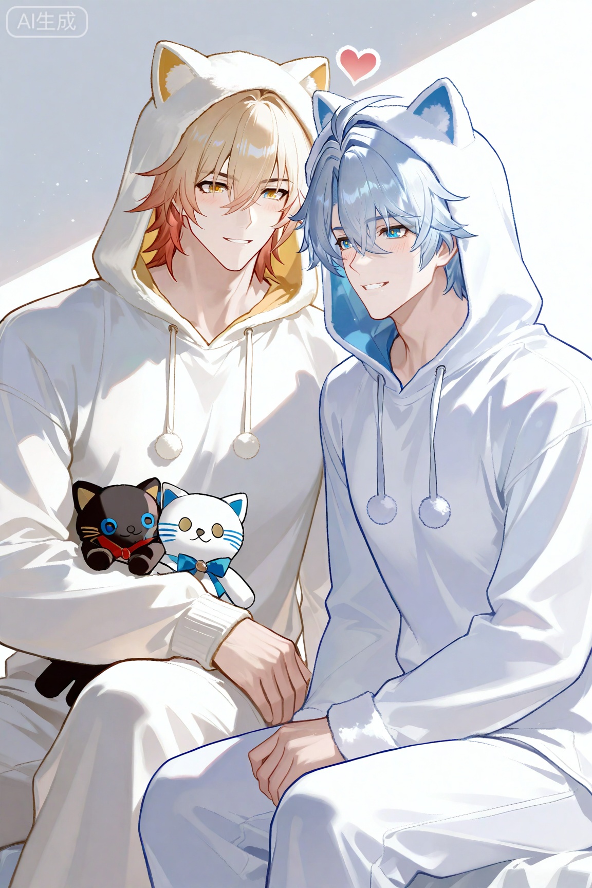 1boy, mydei (honkai: star rail),,yellow eyes,
1boy,phainon (honkai: star rail),blue eyes


xiaozhitiao,,
(masterpiece:1.3), (best quality:1.3), (ultra-detailed:1.2), absurdres, highres, 4k, official art, sharp focus,
((((2boys)))), yaoi, male focus, (muscular male:1.3), (bara:1.2), (toned male:1.1), collarbone,
(side-by-side:1.3), (sitting on a bed:1.2), (couple:1.4), (loving atmosphere:1.3),


(wearing matching animal kigurumi pajamas:1.4), (one wearing white cat hoodie, one wearing black bear hoodie:1.2), hood up, animal hood, long sleeves,
(blush:1.4), (happy, loving gaze:1.3), (looking at each other:1.2), smile,
(one holding a stuffed toy:1.2),
simple background, white background, cozy, soft lighting, upper body