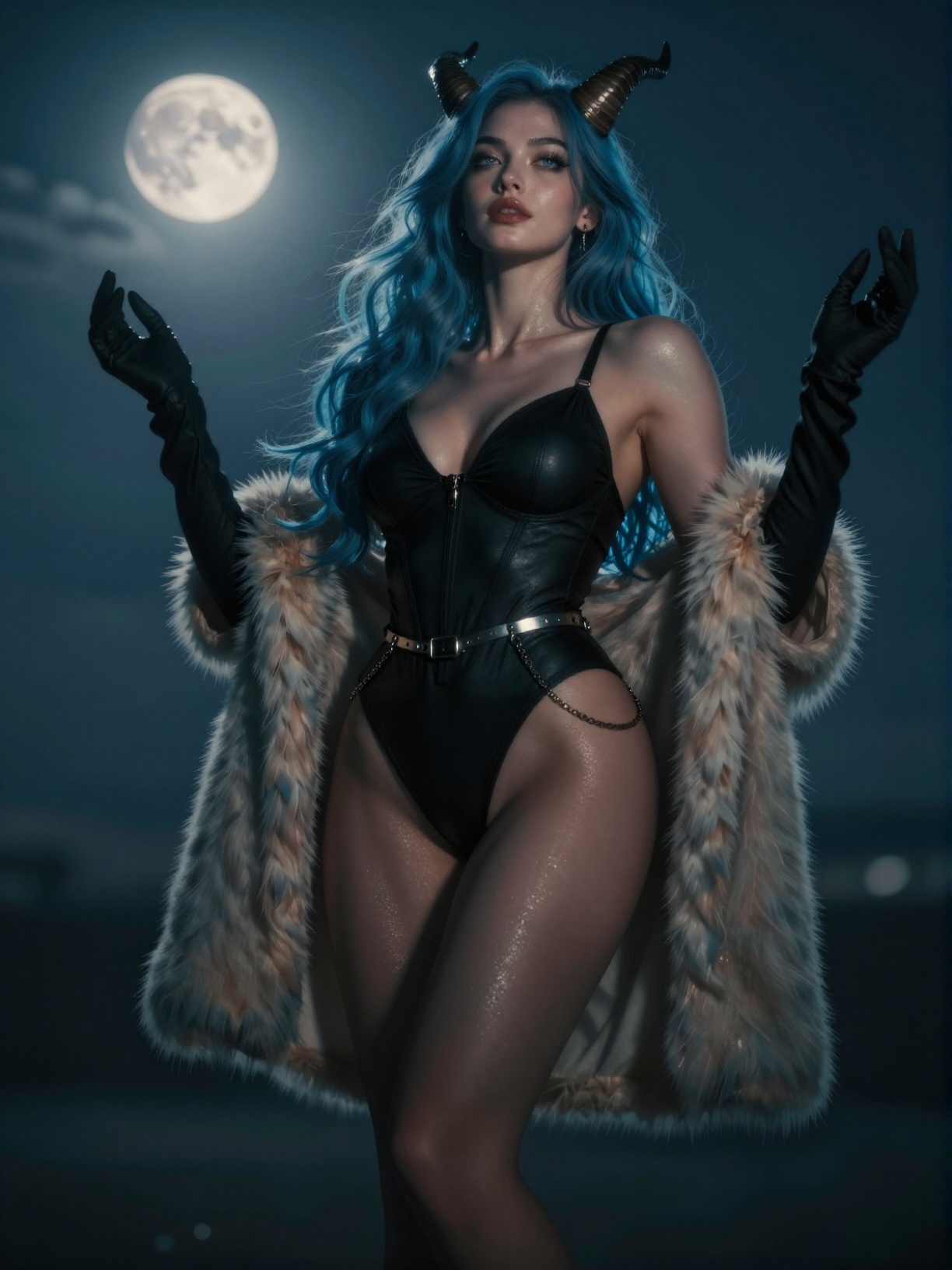 { "prompt": "Cinematic nighttime portrait of a horned woman standing confidently beneath an open night sky,  framed from a...