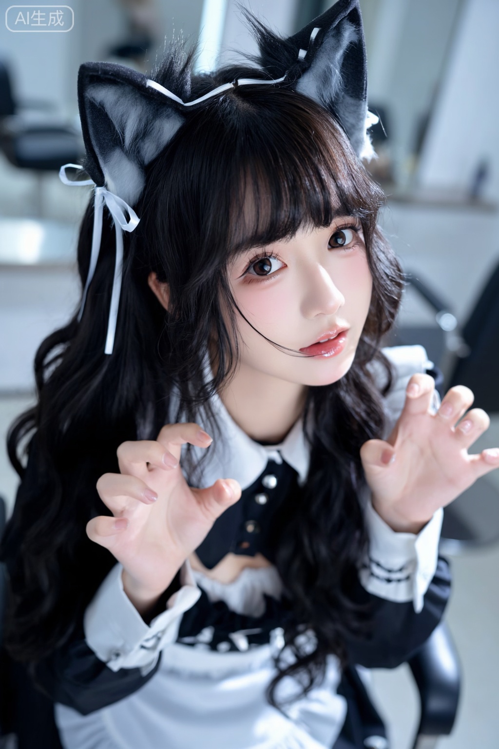 Transparent,dynamic long focal length shot,young and stylish beauty,fair skin,cat ears accessory,black long wavy hair + white ribbon hair accessory,high quality,comic salon atmosphere,delicate maid coffee costume,hands making cat paw shape,posing,cute actions and expressions,facing the lens,full of interactive feeling. Its lightweight texture and clear layers are very prominent,young and petite,hair shows natural fluffiness and drooping,long hair falling on both shoulders,a few strands brushing the face,cold fair-skinned beauty,pure and seductive style,fair skin,idol aura,fairskin,smooth,moist texture,intoxicated,