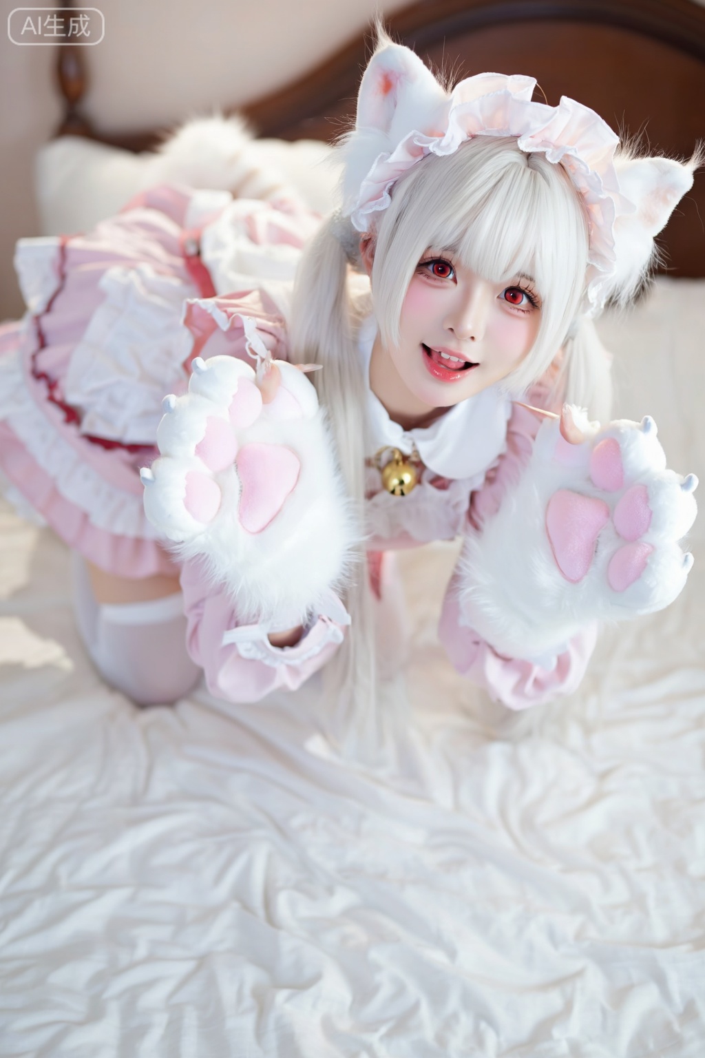 crisp,dw,Yangling,simple,ezu,A beautiful young girl dressed as a catgirl, with luminous skin and enchanting gaze, wearing a pink and white frilly dress with a bell collar, cat ear hairband, and paw gloves, big expressive eyes with slit pupils, in a kawaii mood, shidudou, looking at the viewer, cute expression, bent over, bed background, lying flat, white legwear, happy, white hair, red eyes, straddling, a seductive gaze, self-touch, natural lighting, shallow depth of field, romantic setting, dreamy pastel palette, whimsical details, captured on film, best quality, masterpiece, realistic, full body, pure white cloth.