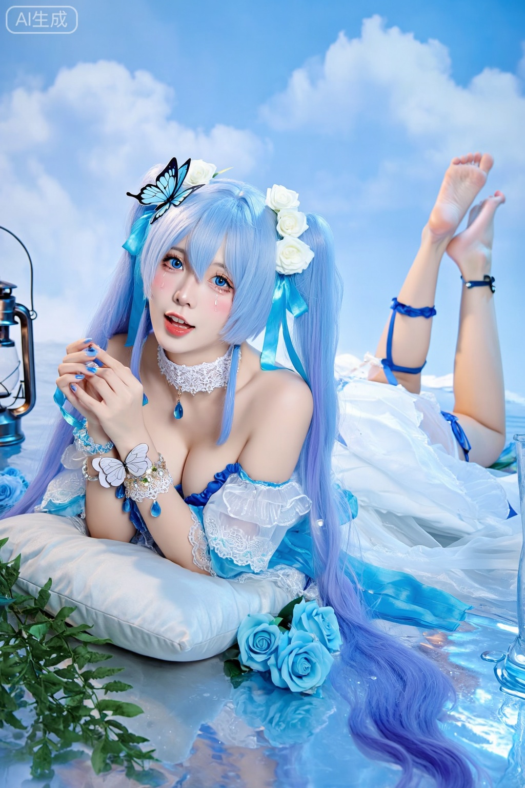 masterpiece,absurdres,best quality,petite,high quality,chromatic_aberration, //, best,1girl,butterfly,blue eyes,solo,flower,long hair,bug,looking at viewer,dress,blue hair,hair ornament,white flower,butterfly hair ornament,white dress,breasts,cleavage,on side,lying,parted lips,blue butterfly,rose,blush,jewelry,ribbon,sky,cloud,two side up,thigh strap,white rose,feet out of frame,collarbone,choker,bracelet,lace trim,bare shoulders,outdoors,blue nails,hair ribbon,nail polish,blue ribbon,plant,pillow,lace-trimmed dress,water,hair between eyes,hair flower,blue flower,medium breasts,blue sky,own hands together,day,lace choker,foot out of frame,lace,off-shoulder dress,lantern,cloudy sky,off shoulder,twintails,thighs,lace-trimmed choker,ocean,hands up,smile,light blue hair,aqua ribbon,barefoot,swept bangs,white butterfly,thighlet,fingernails,open mouth,see-through,very long hair,tears,white choker,sidelocks,water drop,purple hair,large breasts,anklet,leaf,blue rose,lamp,