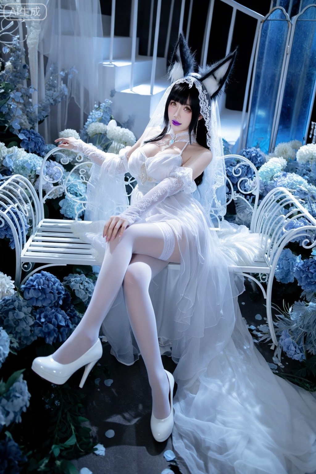 Photograph of a young woman in an elaborate cosplay outfit, seated on a white, ornate bench amidst a lush, floral arrangement of blue and white hydrangeas. She wears a white, sheer dress with lace sleeves, white stockings, and white high heels. Her black and white fox ears and lace veil contrast with her pale skin and purple lipstick. The background features a staircase and blue glass panels, adding a dreamy, ethereal atmosphere.