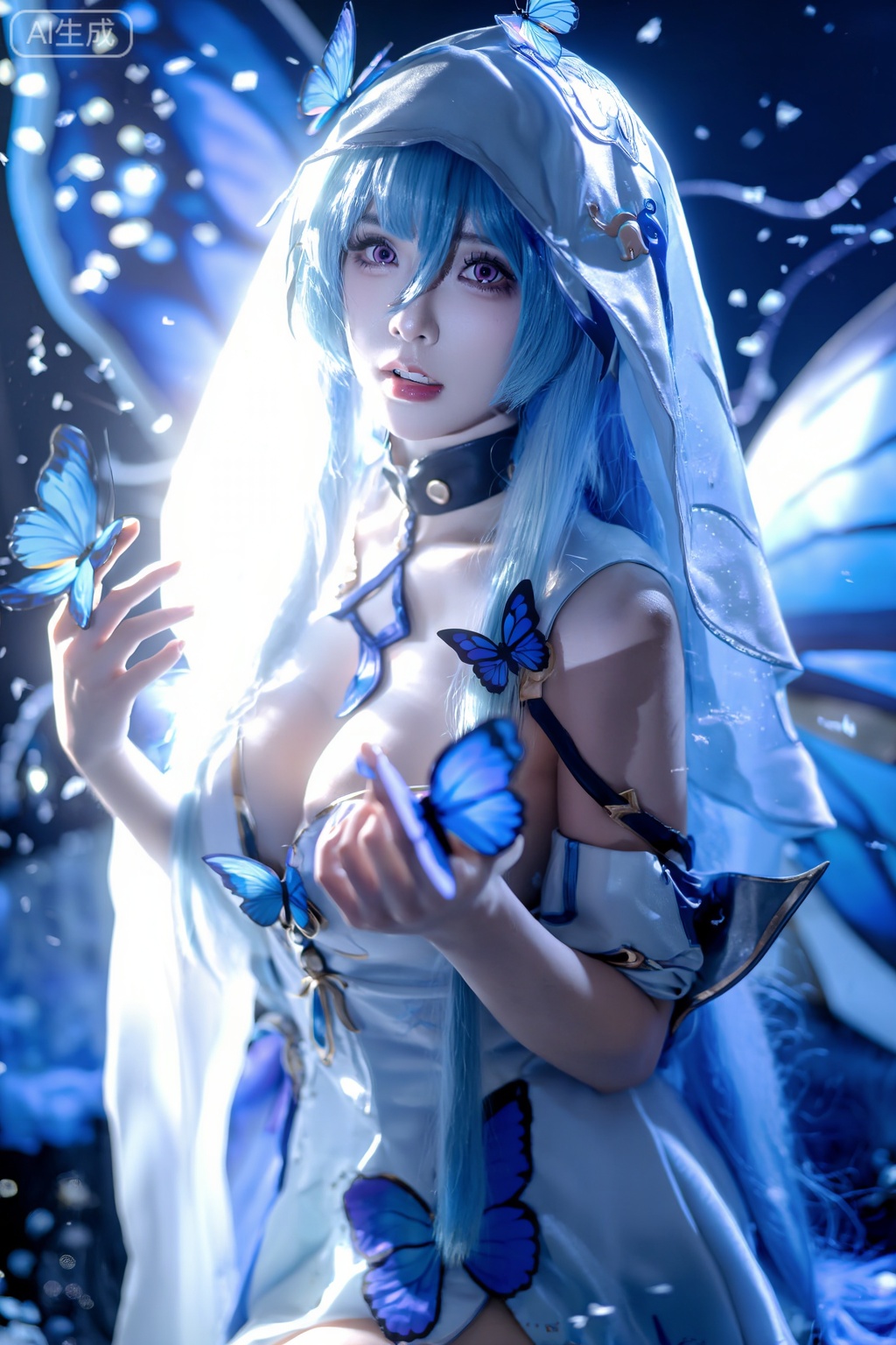 1girl,solo,long hair,breasts,looking at viewer,bangs,dress,hair between eyes,jewelry,medium breasts,blue hair,purple eyes,upper body,parted lips,choker,hand up,hood,white dress,bug,butterfly,veil,armlet,arm strap,blue butterfly,butterfly on hand,backlighting,blue and white theme,depth of field,cinematic lighting,light particles,lens flare,(artist:quasarcake:0.8),extreme aesthetic,(wlop:0.6),masterpiece,best quality,good quality,newest,year 2024,year 2023,very aesthetic,absurdres,Visual impact,A shot with tension,ultra-high resolution,32K UHD,sharp focus,best-quality,masterpiece,Emotionalization,unconventional supreme masterpiece,masterful details,temperate atmosphere,with a high-end texture,in the style of fashion photography,(Visual impact:1.2),giving the poster a dynamic and visually striking appearance,impactful picture,offcial art,colorful,splash of color,movie perspective,masterpiece,best quality,amazing quality,very aesthetic,absurdres,best quality,newest,