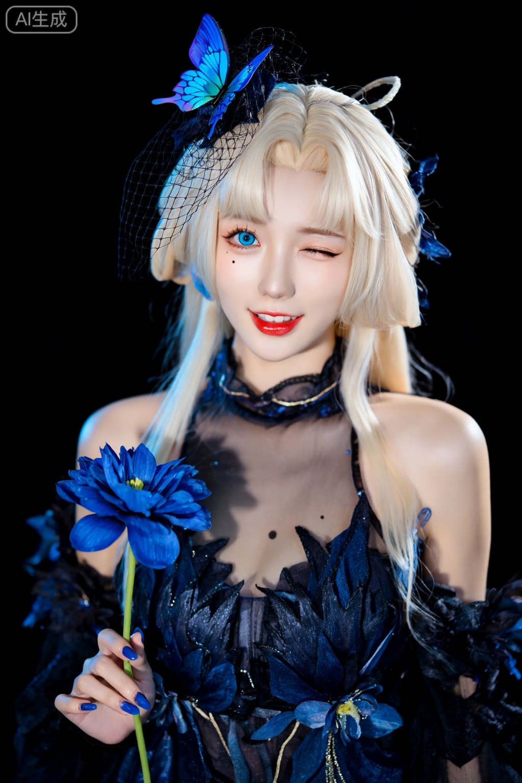 1girl,,flower,butterfly,blue butterfly,bug,solo,blue eyes,one eye closed,blonde hair,dress,long hair,,mole,hair flower,hair ornament,veil,ahoge,blue flower,blue nails,looking at viewer,black dress,lips,black background,nail polish,makeup,upper body,bare shoulders,see-through,smile,mole on breast,mole under eye,red lips,lipstick,