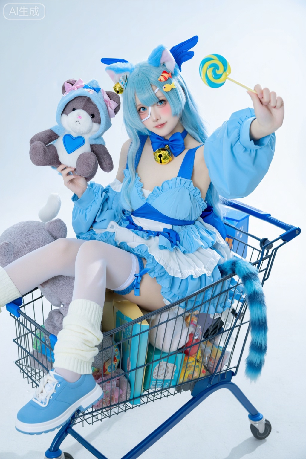 1girl,shopping cart,stuffed toy,candy,wing hair ornament,stuffed animal,lollipop,thighhighs,food,blue eyes,holding,holding stuffed toy,white thighhighs,holding lollipop,solo,blue hair,holding food,bell,animal ears,holding candy,looking at viewer,eyepatch,hair ornament,cat ears,neck bell,stuffed cat,dress,long sleeves,frills,blush,bow,swirl lollipop,bowtie,shoes,loose socks,long hair,cat tail,tail,hair between eyes,hairclip,:3,jingle bell,blue footwear,closed mouth,blue dress,smile,teddy bear,blue bow,heart,sneakers,blue theme,x hair ornament,fish hair ornament,fake animal ears,leg warmers,sleeves past wrists,blue bowtie,hood,box,pastel colors,sitting,cat hood,frilled dress,double-parted bangs, 