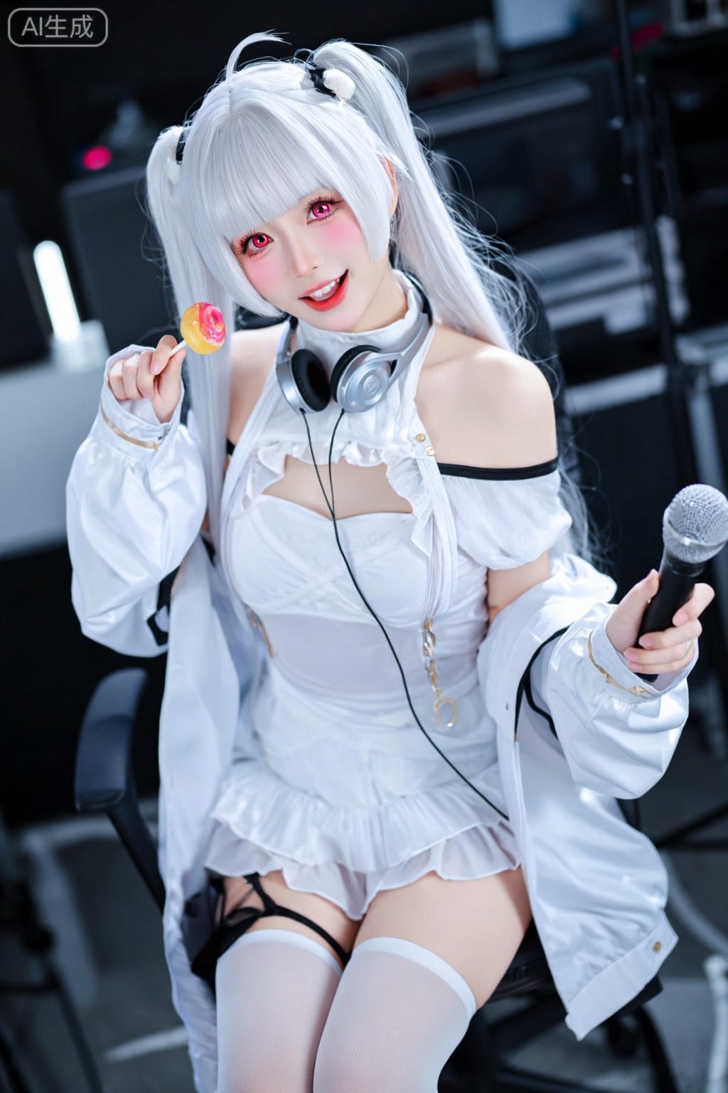 1girl, cute, youthful, white hair, long hair, twintails, bangs, red eyes, pink eyes, smile, open mouth, blush, looking at viewer, white jacket, open jacket, long sleeves, bare shoulders, off shoulder, dress, frills, white thighhighs, footwear, white gloves, headphones around neck, lollipop, holding food, candy, microphone, monitor, indoors, chair, 