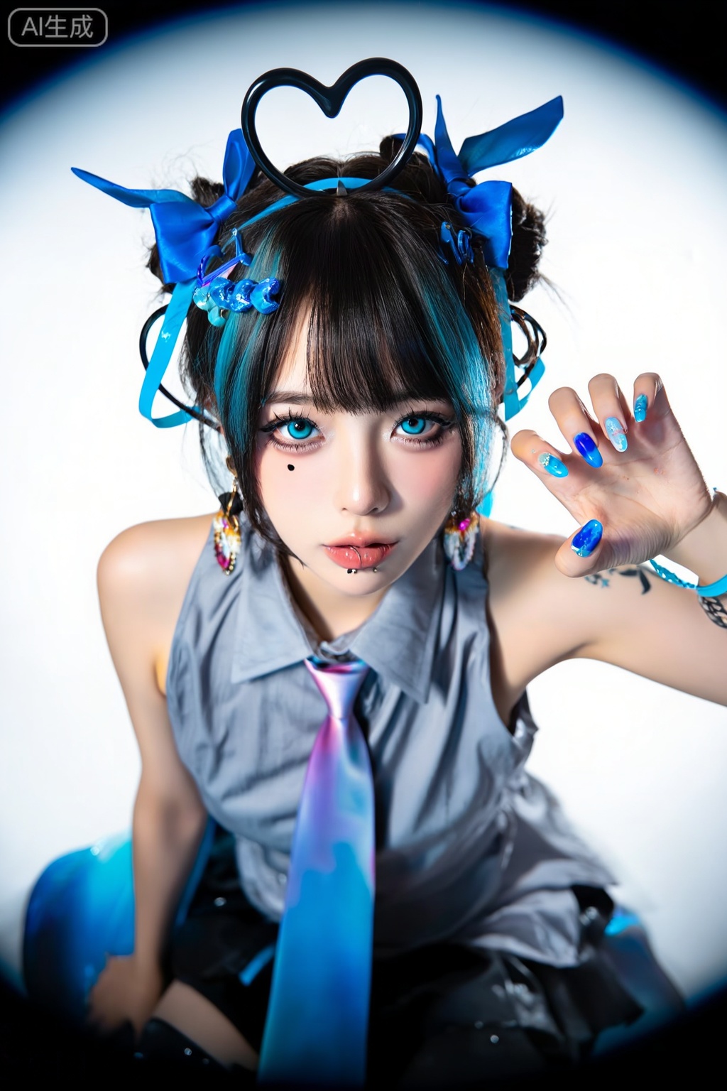  light particles, lens halo Extreme aesthetics, the best quality, good quality, the latest, 2024, 2023, very aesthetic, absurd, visual impact, tense shots Ultra-high resolution, 32K ultra-high definition, clear focus, superior image quality, masterpiece, emotional, unconventional supreme masterpiece, exquisite details, gentle atmosphere, high-end texture, fashionable photography style (Visual Impact: 1.2), give the poster a dynamic and visually stunning appearance, with an impactful picture, official art, rich colors, color splashing, cinematic perspective Masterpiece, the best quality, astonishing quality, very aesthetic, absurd, the best quality, the latest Girl, Hatsune Miku, bow, heart shape, bow, tie, earrings, shirt, jewelry, nail polish, upper body, bun, bangs, solo, bare shoulders, collared shirt, sleeveless, watercolor nails, blue bow, watercolor eyes, watercolor hair, tattoo, white background, blue nails, piercings, ear piercings, raise hand, watercolor tie, sleeveless shirt, gray shirt Hair accessory, blue eyes, hair band, shut mouth, ear arch, facial mark, hair between the eyes