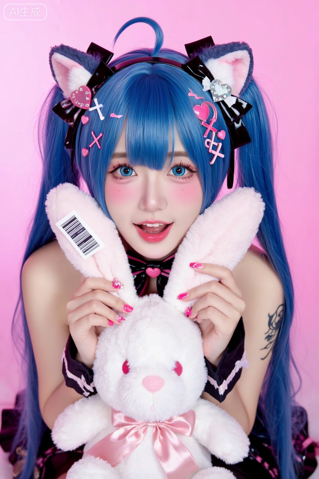 1girl, solo, long hair, looking at viewer, blush, smile, open mouth, bangs, blue eyes, hair ornament, bow, ribbon, holding, animal ears, bare shoulders, twintails, blue hair, upper body, ahoge, :d, heart, hairband, bowtie, pink eyes, nail polish, rabbit ears, english text, black bow, tattoo, fake animal ears, stuffed toy, playboy bunny, pink background, stuffed animal, x hair ornament, pink bow, pink nails, barcode, barcode tattoo