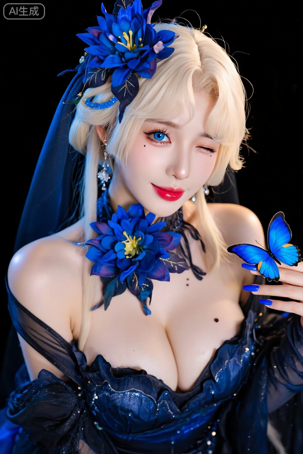 1girl,breasts,flower,butterfly,blue butterfly,bug,solo,blue eyes,one eye closed,blonde hair,dress,long hair,cleavage,mole,hair flower,hair ornament,large breasts,veil,ahoge,blue flower,blue nails,looking at viewer,black dress,lips,black background,nail polish,makeup,upper body,bare shoulders,see-through,smile,mole on breast,mole under eye,red lips,lipstick,