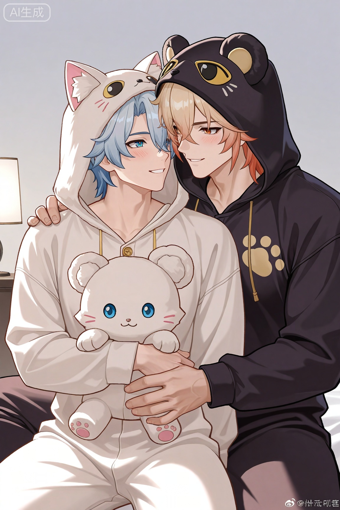 1boy, mydei (honkai: star rail),,
1boy,phainon (honkai: star rail),


xiaozhitiao,,
(masterpiece:1.3), (best quality:1.3), (ultra-detailed:1.2), absurdres, highres, 4k, official art, sharp focus,
((((2boys)))), yaoi, male focus, (muscular male:1.3), (bara:1.2), (toned male:1.1), collarbone,
(side-by-side:1.3), (sitting on a bed:1.2), (couple:1.4), (loving atmosphere:1.3),


(wearing matching animal kigurumi pajamas:1.4), (one wearing white cat hoodie, one wearing black bear hoodie:1.2), hood up, animal hood, long sleeves,
(blush:1.4), (happy, loving gaze:1.3), (looking at each other:1.2), smile,
(one holding a stuffed toy:1.2),
simple background, white background, cozy, soft lighting, upper body