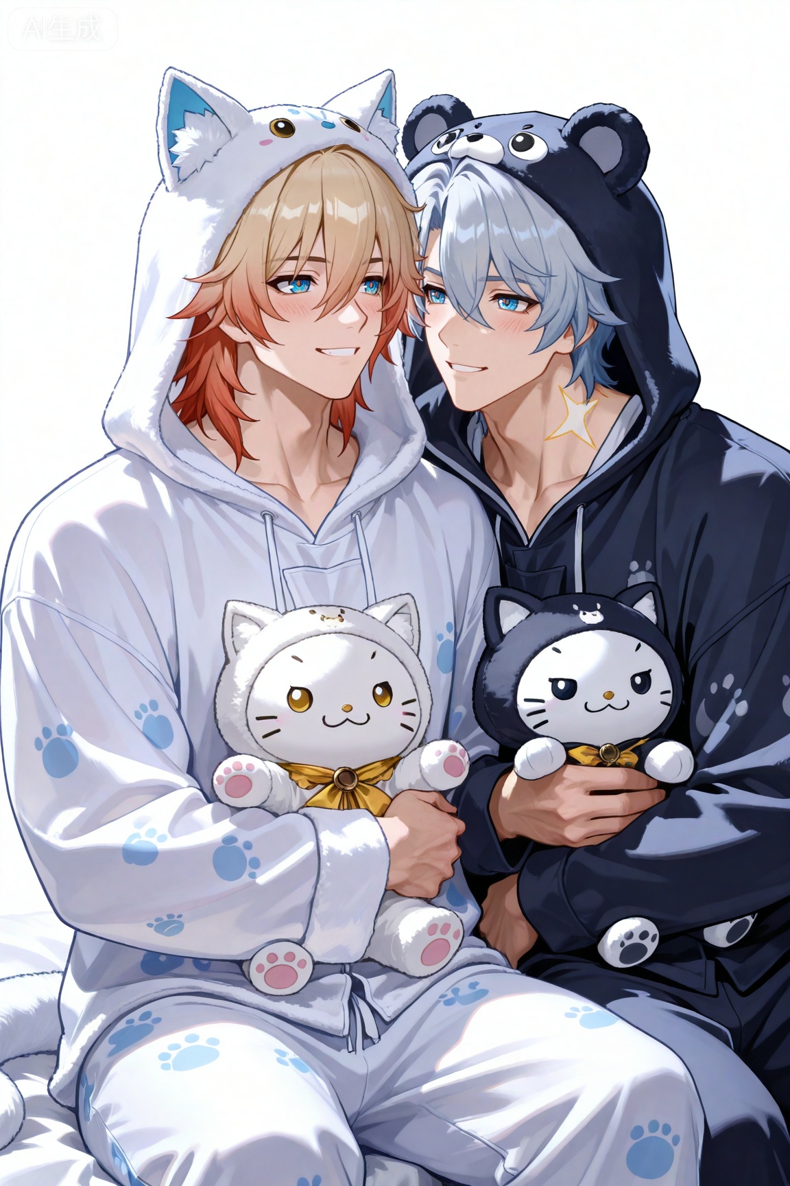 1boy, mydei (honkai: star rail),,
1boy,phainon (honkai: star rail),


xiaozhitiao,,
(masterpiece:1.3), (best quality:1.3), (ultra-detailed:1.2), absurdres, highres, 4k, official art, sharp focus,
((((2boys)))), yaoi, male focus, (muscular male:1.3), (bara:1.2), (toned male:1.1), collarbone,
(side-by-side:1.3), (sitting on a bed:1.2), (couple:1.4), (loving atmosphere:1.3),


(wearing matching animal kigurumi pajamas:1.4), (one wearing white cat hoodie, one wearing black bear hoodie:1.2), hood up, animal hood, long sleeves,
(blush:1.4), (happy, loving gaze:1.3), (looking at each other:1.2), smile,
(one holding a stuffed toy:1.2),
simple background, white background, cozy, soft lighting, upper body