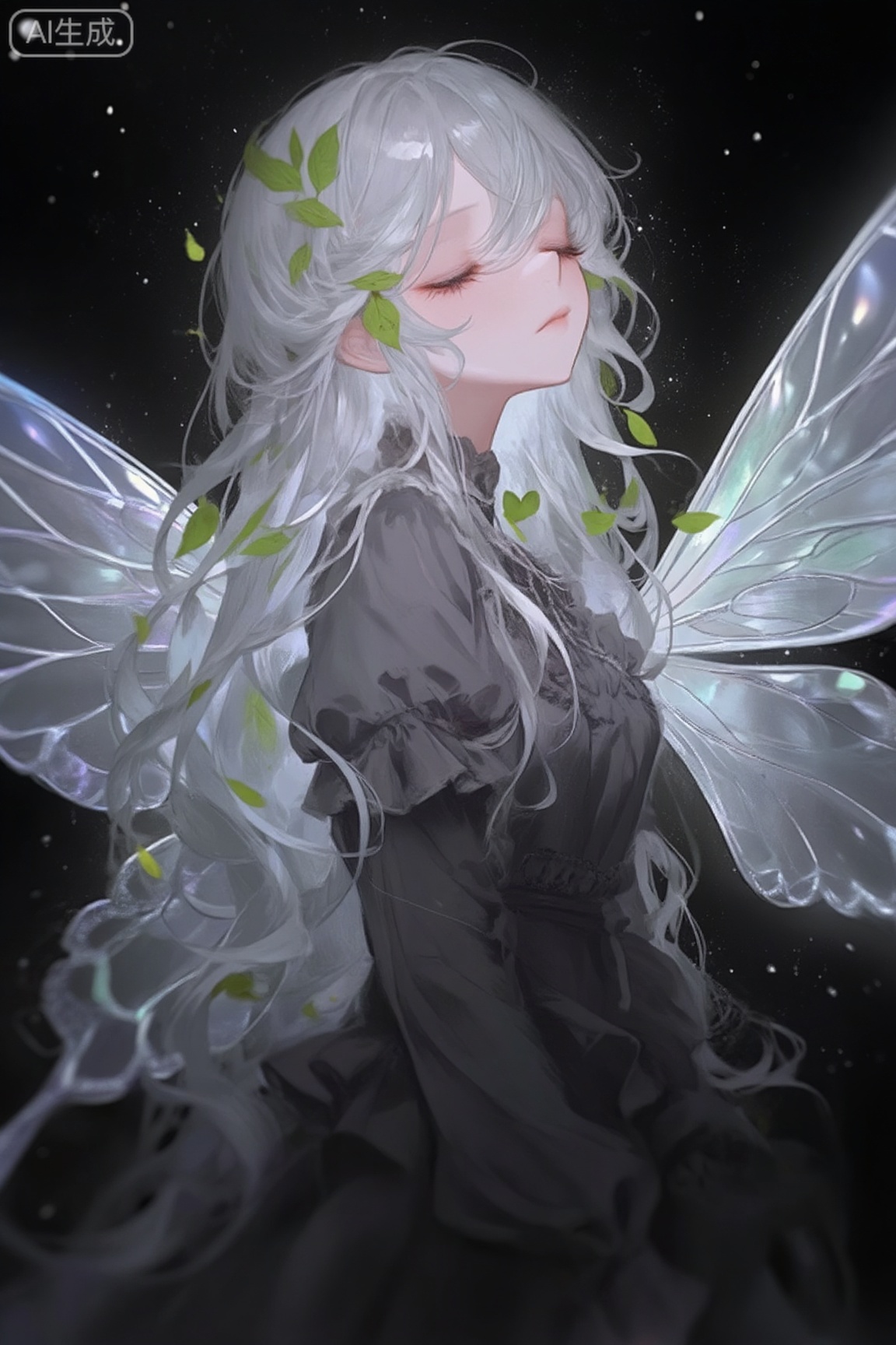 This digital artwork depicts a delicate, ethereal female figure with long, flowing silver hair that appears almost translucent. Her hair is adorned with small, green leaves, and she has closed eyes, giving her a serene, dreamlike expression. She wears a dark, Victorian-style blouse with ruffled sleeves and a high collar. Her translucent wings, resembling those of a butterfly, are intricately detailed with fine, glowing lines and a semi-transparent, iridescent quality. The background is a deep, starry black, filled with subtle white specks, adding a sense of depth and otherworldliness. The lighting is soft, highlighting the gentle curves of her face and the delicate texture of her hair and wings. The overall style is highly detailed and evocative, with a focus on light and texture, creating a magical, almost celestial atmosphere. The image combines elements of fantasy and realism, capturing a moment of quiet beauty and grace.,s007 anime style