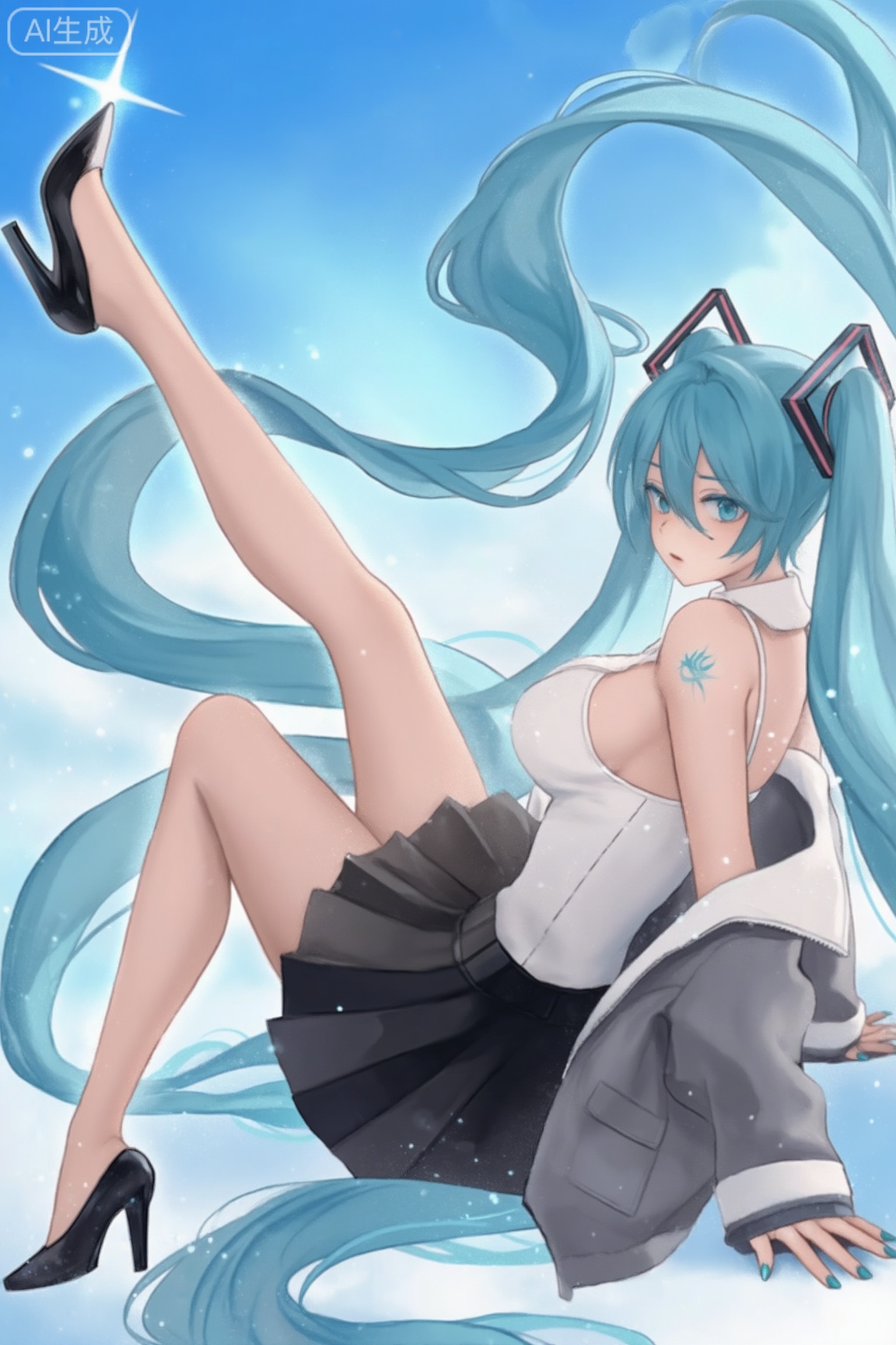 Detail enhancement,1girl,solo,hatsune miku,high heels,long hair,twintails,looking at viewer,skirt,shoe dangle,black footwear,sitting,floating hair,aqua hair,black skirt,shirt,very long hair,bare shoulders,hair between eyes,leg up,sleeveless,jacket,aqua eyes,sleeveless shirt,off shoulder,white shirt,pleated skirt,sky,from side,open clothes,shoulder tattoo,breasts,white jacket,looking back,parted lips,full body,bare legs,shoes,miku day,long sleeves,hair ornament,knee up,arm support,foot up,light particles,open jacket,nail polish,aqua nails,medium breasts,single shoe,closed mouth,legs,jacket partially removed,blue hair,pumps,star (sky),blue eyes,looking to the side,from behind,backlighting,miniskirt,grey jacket,cloud,camisole,lens flare,expressionless,alternate costume,masterpiece,best quality,newest,absurdres,
