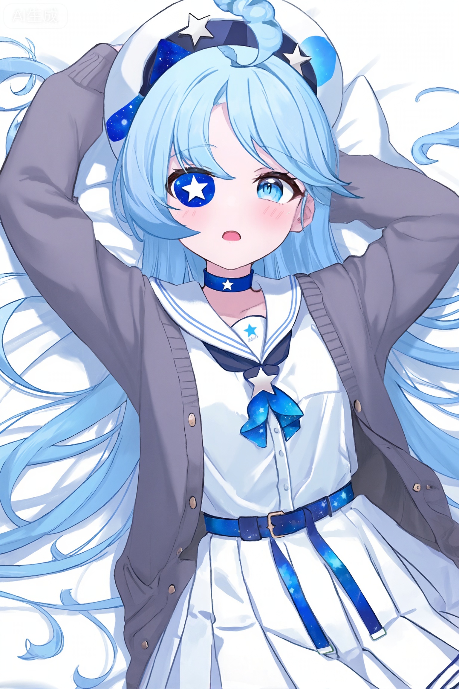 crisp,Mika Pikazo,transparent,ezu,trough,ChanoHiyori,1girl, virtual youtuber, hoshimachi suisei \(school uniform\), long hair, solo, hoshimachi suisei, blue eyes, blue hair, official alternate costume, lying, cardigan, official alternate hairstyle, choker, star \(symbol\), sailor collar, on back, symbol in eye, hair bun, open cardigan, belt, looking at viewer, white sailor collar, star in eye, official alternate hair length, blue choker, grey cardigan, skirt, long sleeves, parted lips, school uniform, blush, star \(sky\), open clothes, white serafuku, hair between eyes, serafuku, ribbon, pleated skirt, white skirt, dress, starry sky, bow, shirt,AnonStyle