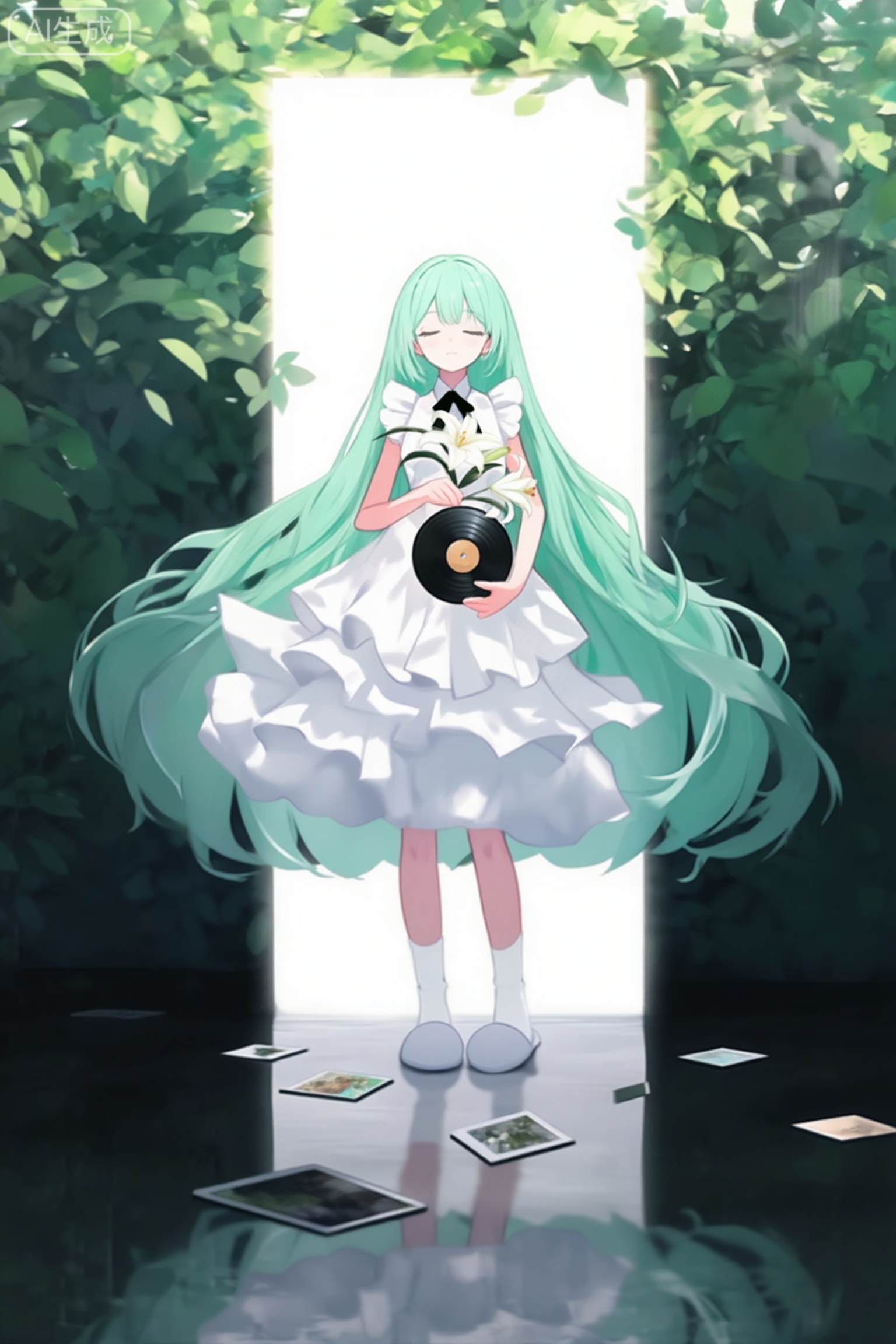 In a centered vertical composition, a girl with incredibly long, mint-green hair stands peacefully with her eyes closed before a glowing white rectangular portal. She is dressed in a voluminous, tiered white ruffled dress with a small black ribbon at the collar, paired with white socks and slippers. In her hands, she delicately cradles a single white lily and a black vinyl record, her fingers holding them with a gentle, protective grip. She stands upon a dark, still body of water that perfectly reflects her form, with several small square photographs or cards floating discarded on the surface. The background is a dense thicket of lush green leaves, where dappled sunlight filters through the canopy, creating a dreamy interplay of light and shadow across her dress and the surrounding foliage.,mnsp anime styleIn a centered vertical composition, a girl with incredibly long, mint-green hair stands peacefully with her eyes closed before a glowing white rectangular portal. She is dressed in a voluminous, tiered white ruffled dress with a small black ribbon at the collar, paired with white socks and slippers. In her hands, she delicately cradles a single white lily and a black vinyl record, her fingers holding them with a gentle, protective grip. She stands upon a dark, still body of water that perfectly reflects her form, with several small square photographs or cards floating discarded on the surface. The background is a dense thicket of lush green leaves, where dappled sunlight filters through the canopy, creating a dreamy interplay of light and shadow across her dress and the surrounding foliage.,mnsp anime style
