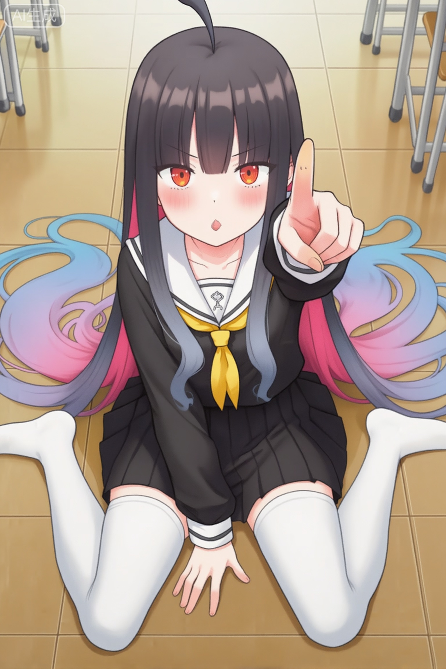 shiro \(no game no life\),
1girl,solo,school uniform,long hair,sitting on floor,wariza,white thighhighs,very long hair,serafuku,gradient hair,multicolored hair,pleated skirt,looking at viewer,hair between eyes,sailor collar,classroom,tile floor,blush,indoors,shirt,yellow neckerchief,long sleeves,on floor,wooden floor,hand between legs,black shirt,no shoes,between legs,zettai ryouiki,pointing,miniskirt,white sailor collar,red eyes,black skirt,tiles,black serafuku,from above,antenna hair,pout,orange eyes,ahoge,grey hair,blue hair,pink hair,pointing at viewer,hair spread out,thighs,index finger raised,outstretched hand,collarbone,floor,parted lips,hand up,skindentation,upturned eyes,foreshortening,
超高清画质,电影质感,画面唯美华丽,