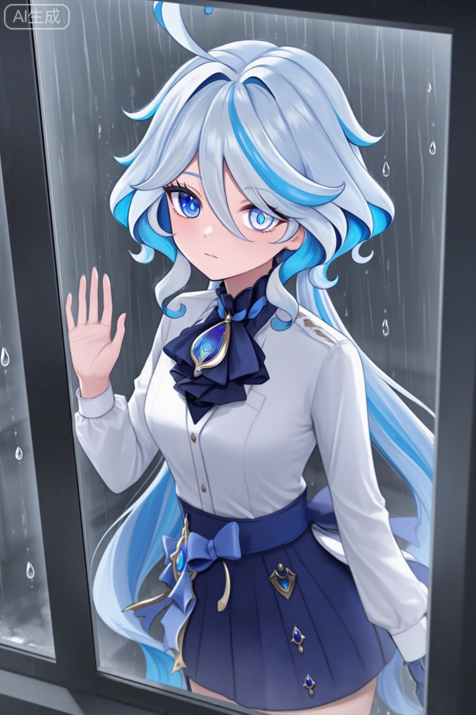furina \(genshin impact\),
1girl,solo,blue eyes,blue hair,long hair,ahoge,window,multicolored hair,heterochromia,shirt,skirt,mismatched pupils,alternate costume,hand on glass,looking at viewer,rain,water drop,white hair,indoors,white shirt,blue skirt,closed mouth,blue bow,long sleeves,streaked hair,light blue hair,hair between eyes,sailor collar,bow,from outside,drop-shaped pupils,two-tone hair,collarbone,dark,grey theme,
 超高清画质,电影质感,画面唯美华丽,