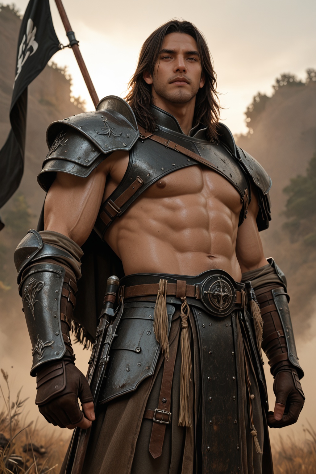 ......... ) A general in full armor stands on a battlefield at sunset,  holding a command flag. His face is stern and dete...