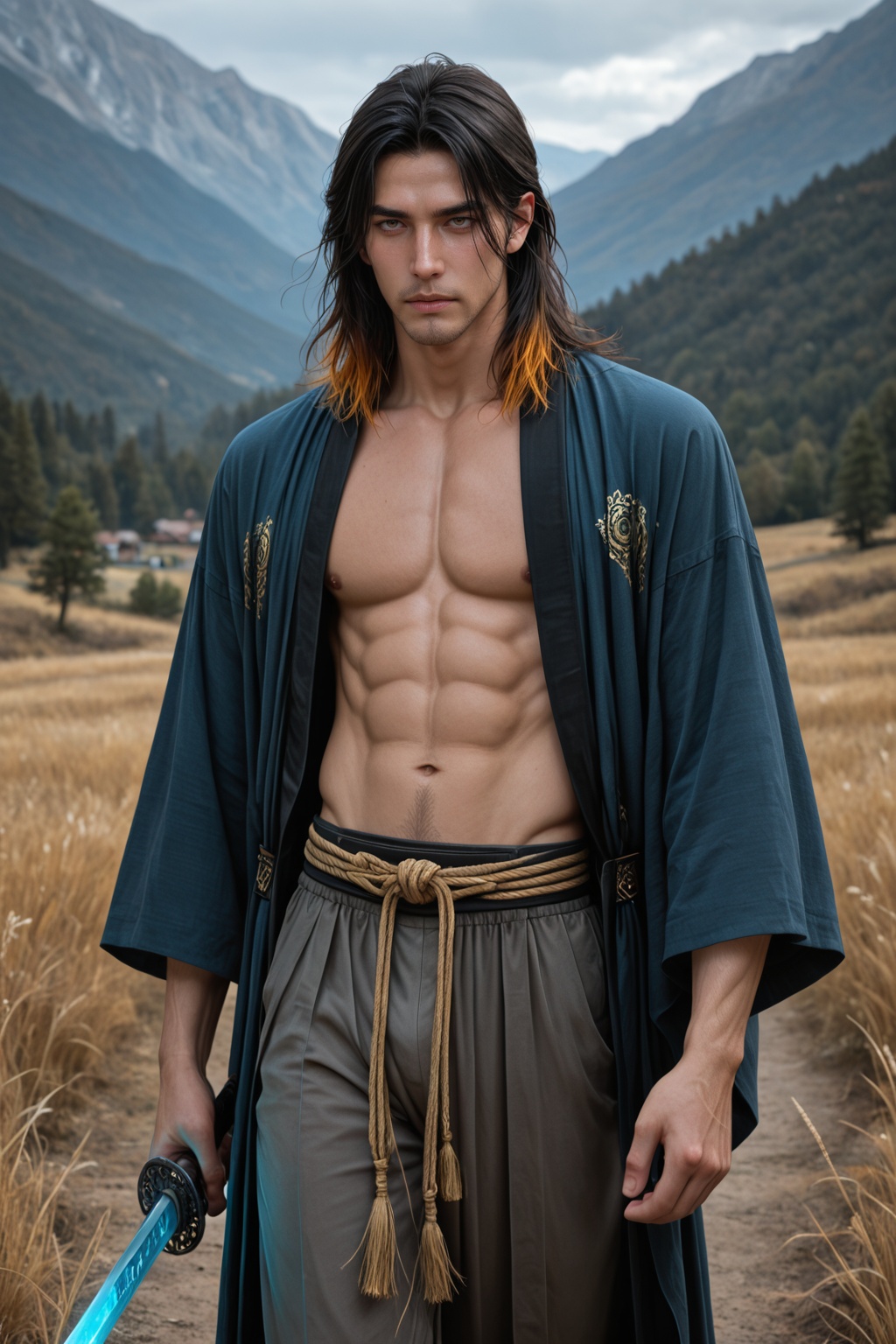 ......... ) A young swordmaster from a noble clan stands on a misty mountain peak at dawn,  his long black hair and silk r...
