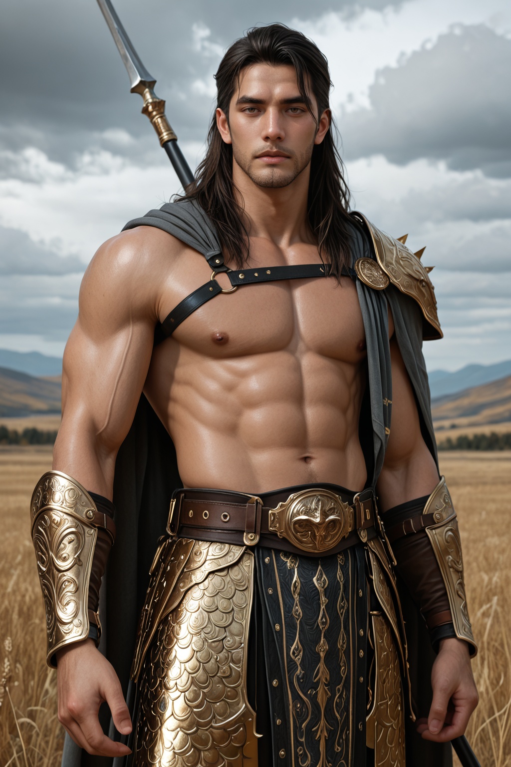 ......... ) A celestial warrior with golden armor and a flowing white cape stands before a giant gate of clouds. Lightning...