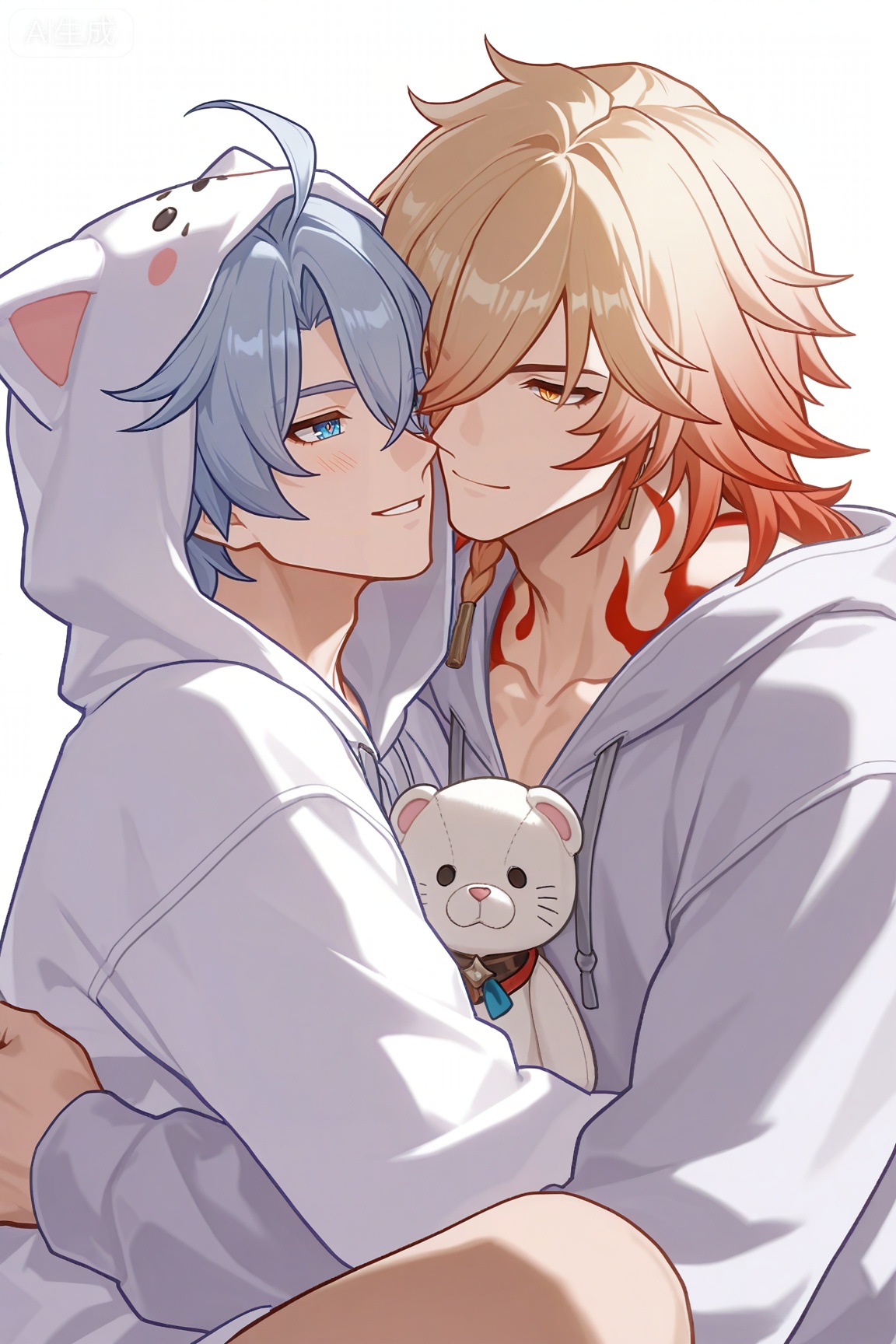 mydei (honkai: star rail),

phainon (honkai: star rail))),white hair,blue eyes,short hair,ahoge


xiaozhitiao,,
(masterpiece:1.3), (best quality:1.3), (ultra-detailed:1.2), absurdres, highres, 4k, official art, sharp focus,
((((2boys)))), yaoi, male focus, (muscular male:1.3), (bara:1.2), (toned male:1.1), collarbone,
(side-by-side:1.3), (sitting on a bed:1.2), (couple:1.4), (loving atmosphere:1.3),


(wearing matching animal kigurumi pajamas:1.4), (one wearing white cat hoodie, one wearing black bear hoodie:1.2), hood up, animal hood, long sleeves,
(blush:1.4), (happy, loving gaze:1.3), (looking at each other:1.2), smile,
(one holding a stuffed toy:1.2),
simple background, white background, cozy, soft lighting, upper body