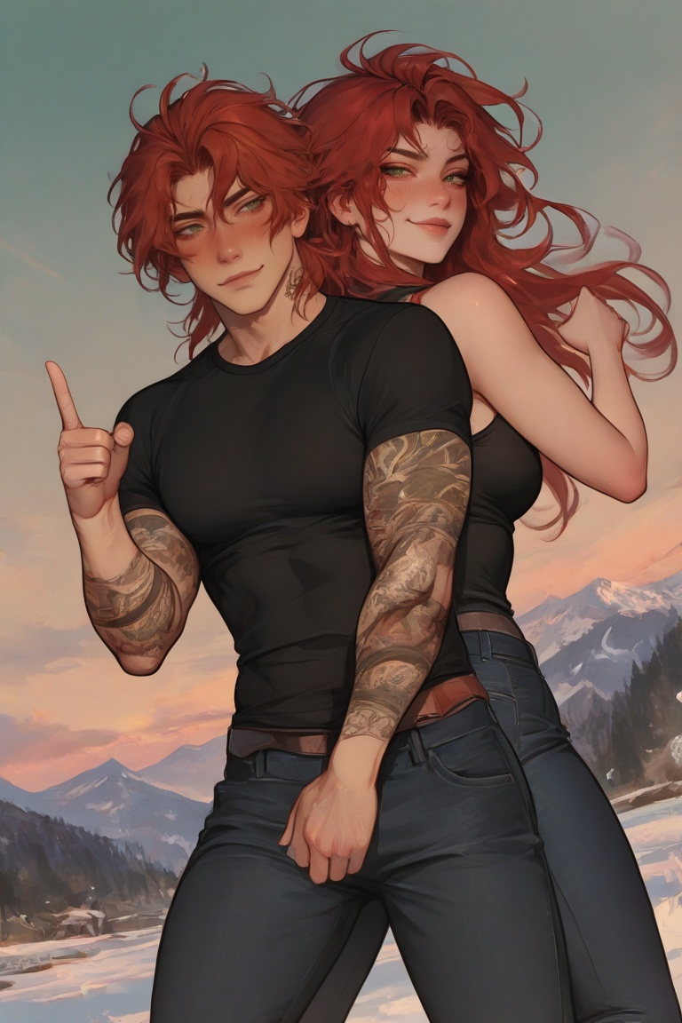 couple,  Irish twins,  standing on snowy riverbank ledge on Tensor.Art