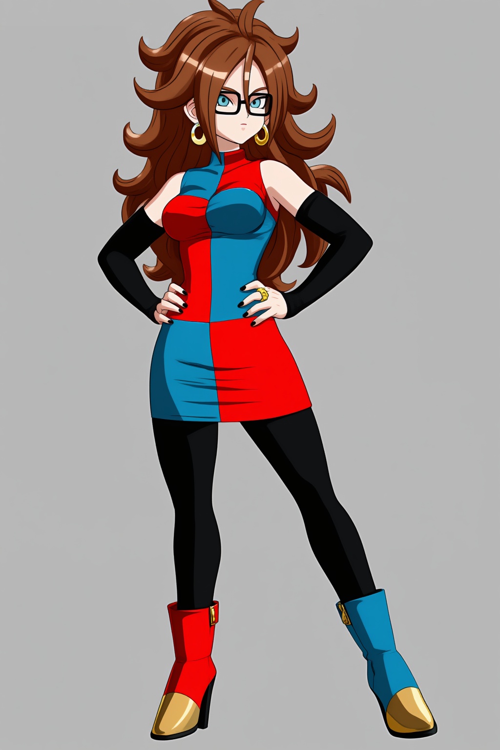 4ndr0id_21,  Una ilustración de cuerpo completo estilo anime muestra a una mujer parada con confianza sobre un fondo blanc...