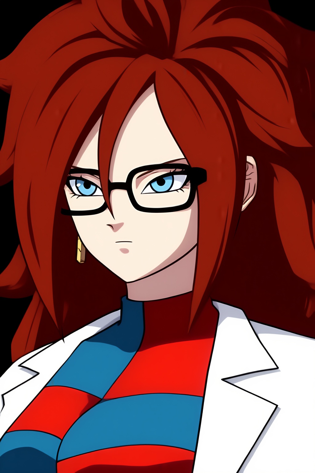 4ndr0id_21,  A close-up portrait showcases an anime-style woman with long,  voluminous red hair and striking blue eyes. Sh...