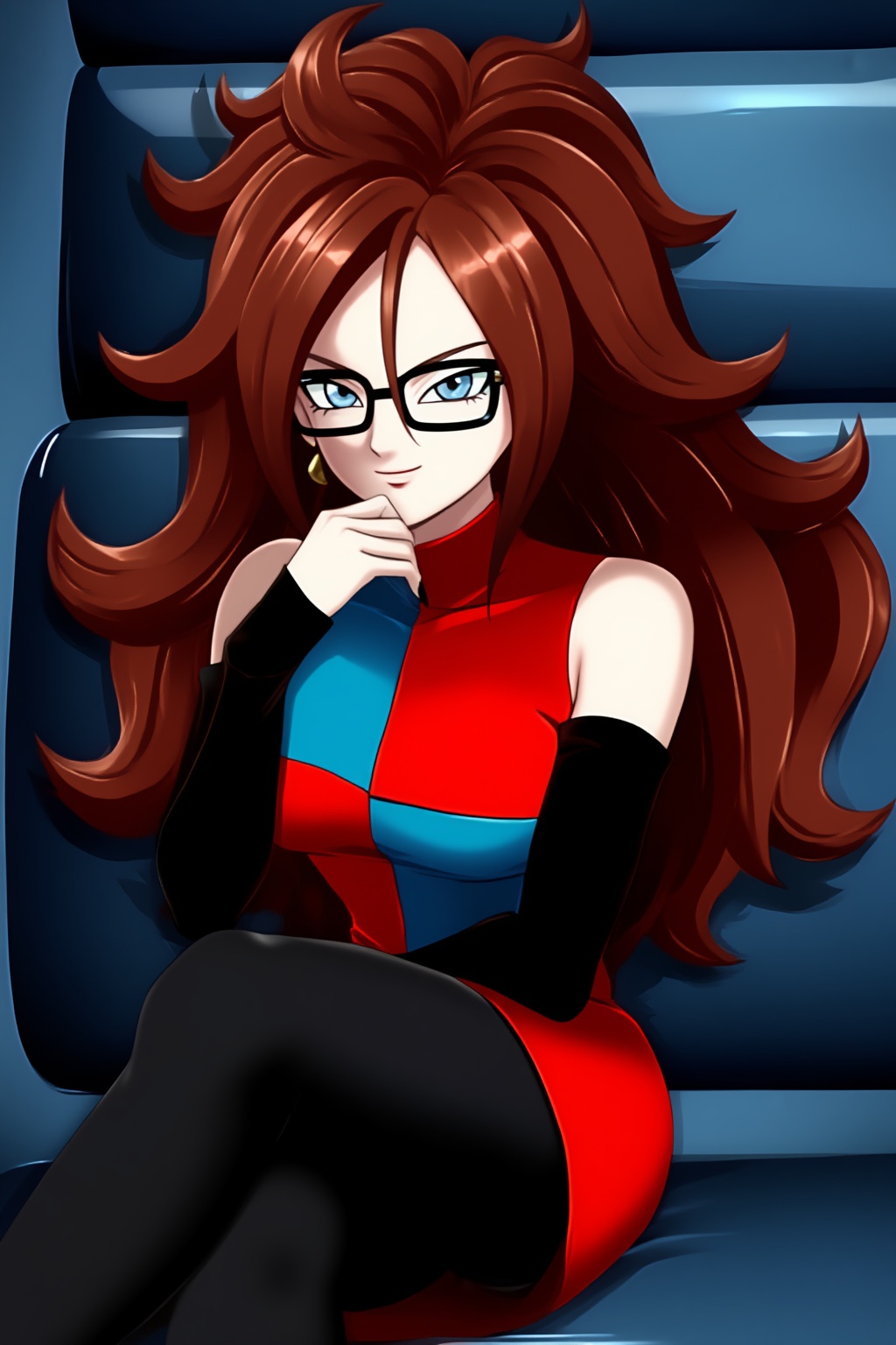 4ndr0id_21,  An anime-style illustration features a woman with voluminous,  wavy reddish-brown hair fanning out around her...
