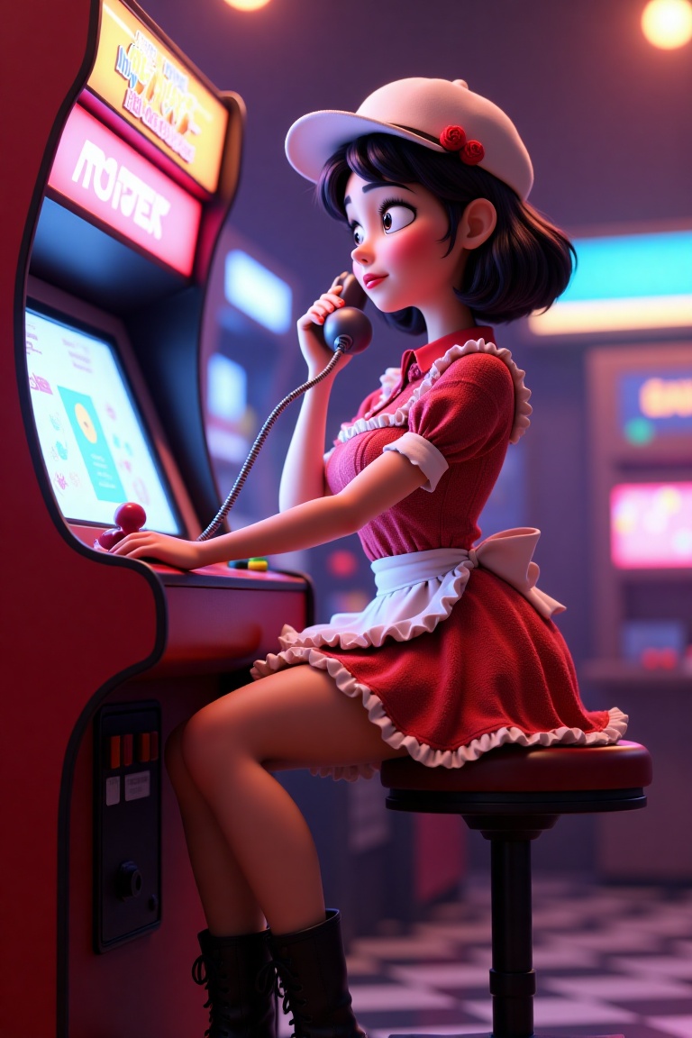 Disney Pixar-inspired 3D realistic image of A woman is seen from a low angle,  sitting on a vintage arcade cabinet,  looki...