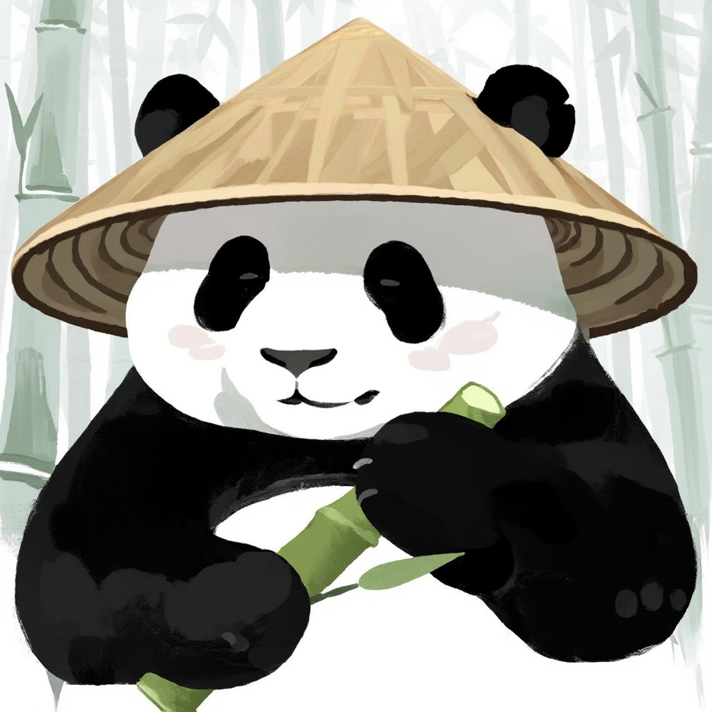 cutedrawn Digital painting of a chubby black and white panda with round ears,  wearing a traditional woven conical hat. Th...