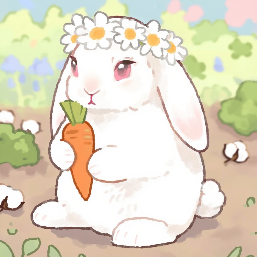 cutedrawn Digital painting of a fluffy white bunny with long ears and a cotton-tail,  wearing a delicate flower crown made...