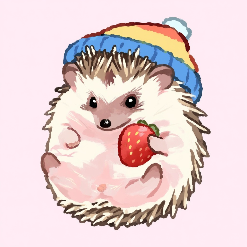 cutedrawn Digital painting of a small pygmy hedgehog with soft spines and a pink underbelly,  wearing a colorful striped b...
