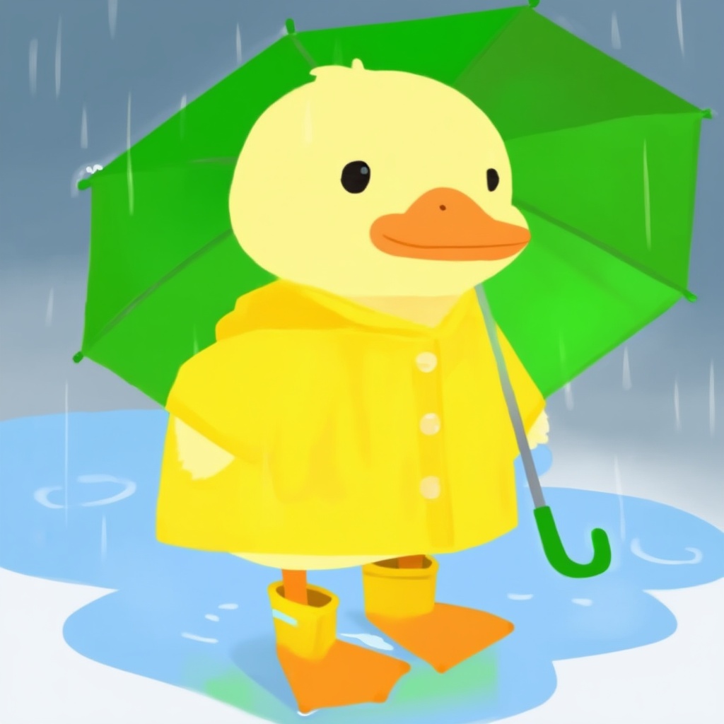 cutedrawn Digital painting of a yellow duckling with soft downy feathers and a rounded bill,  wearing a yellow raincoat an...