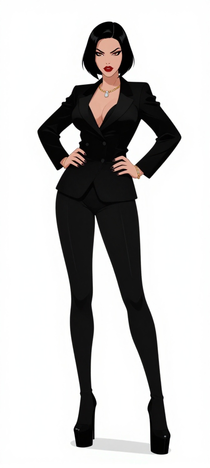 Create a masterpiece in best quality,  featuring an all-black outfit for a villainous or evil mafia boss in office busines...