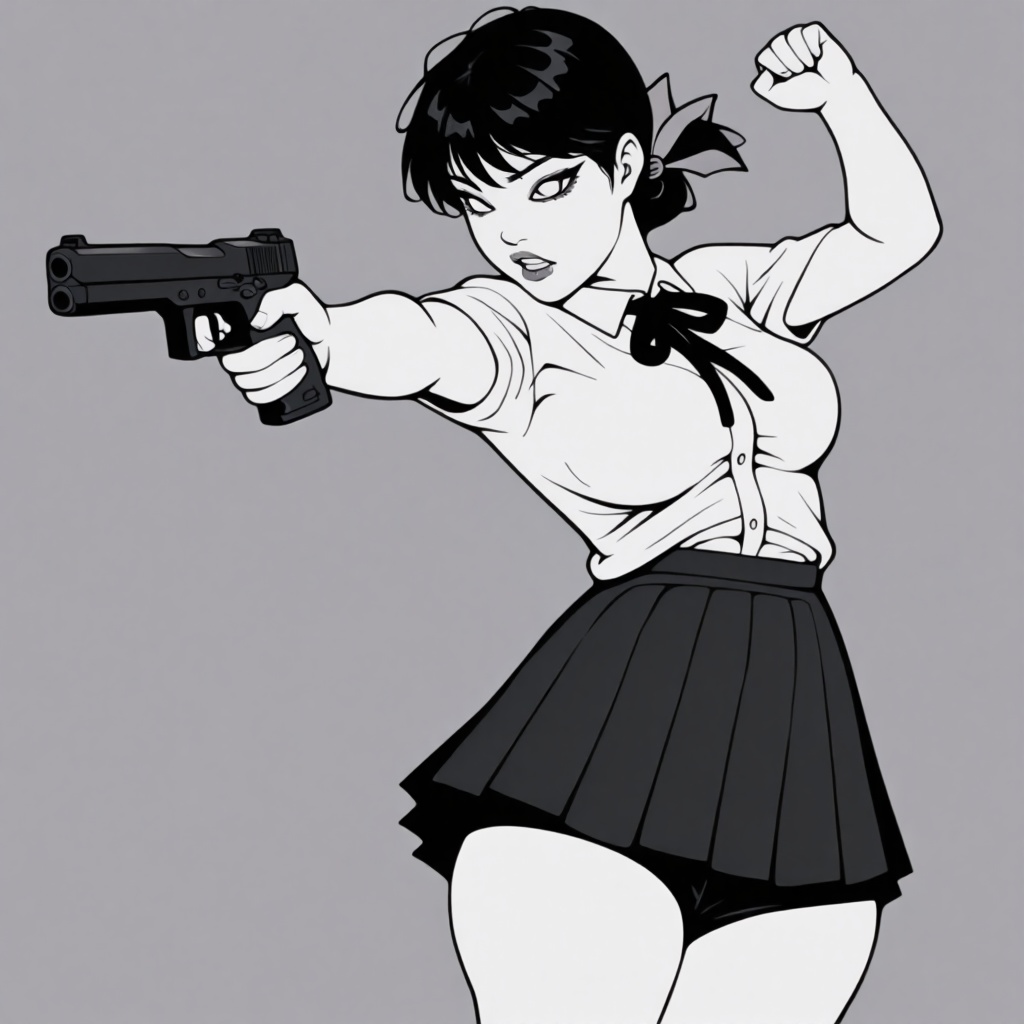 stankatanijiz1 illustration. Black-and-white low-angle image of an intense young woman,  shown in 3/4 view,  in a school u...