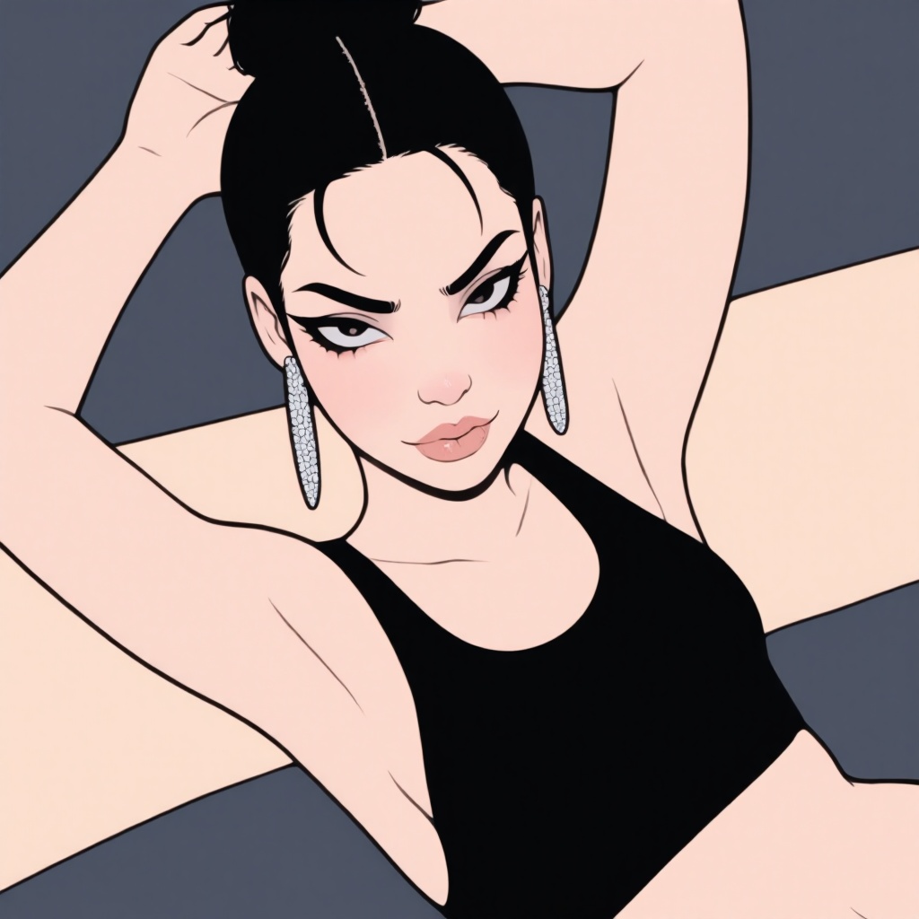 A close-up shot of an Eastern European sportswoman wearing black lycra attire,  her dark locks tied into a sleek bun. A ca...