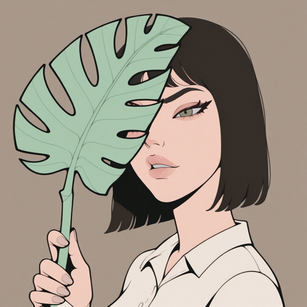 A striking and artistic portrait of a person with short,  dark hair styled in a bob cut. The individual is wearing a light...