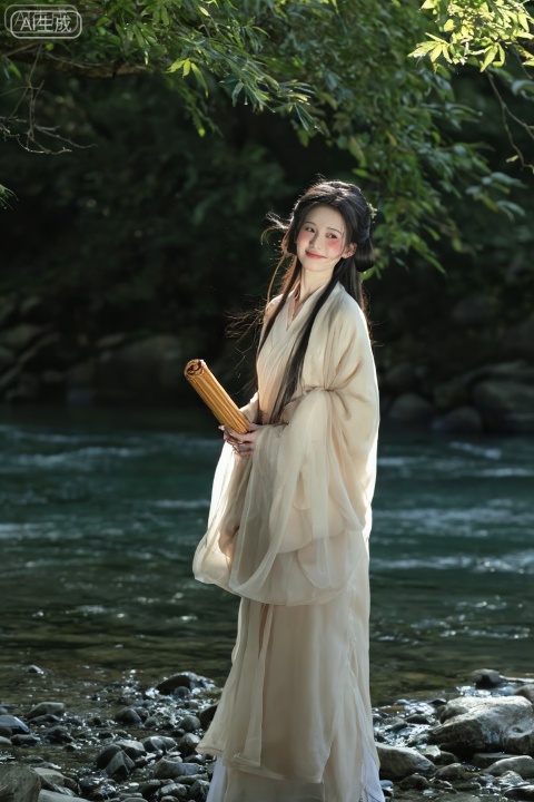 1girl,solo,cjj,hanfu,
完美的双手,细节的手,竹册书,

这位19岁优雅而聪明的中式女孩轮廓清晰,面部表情、发纹和纱布纹理都细腻可见。她穿着一件米色薄纱交叉领大袖衬衫。材料像蝉的翅膀一样轻盈,宽大的袖子和裙子随着她的动作优雅地飞舞。长发被梳成一个温柔的发髻,脖子上挂着几缕断发,皮肤细腻透明。她拿着一卷线装订的竹筒书,侧身站在青溪河的石滩上,表情放松,仿佛在听流水和森林风的温柔声音。背景是深绿色的悬挂着的古树枝,阳光透过树叶的缝隙,投下斑驳的金色光芒,溪流闪烁着清澈的波浪,远处是朦胧的黑暗林地；背景层柔和模糊,保留了自然的光影和朦胧之美,没有抢夺聚光灯,而是充满了气氛。整张照片是电影级别的古董风格照片,8K超高清,温暖的侧面照明营造出安静而诗意的氛围,颜色透明干净,它既有凉爽和童话般的氛围,也有温和的生活感。,